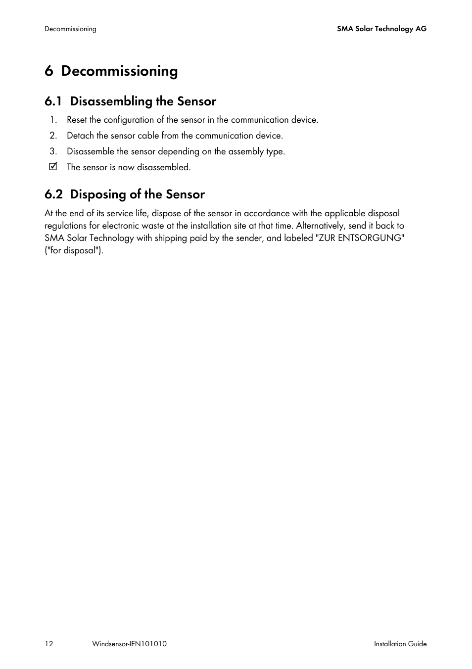 6 decommissioning, 1 disassembling the sensor, 2 disposing of the sensor | Decommissioning, Disassembling the sensor, Disposing of the sensor | SMA Anemometer User Manual | Page 12 / 16