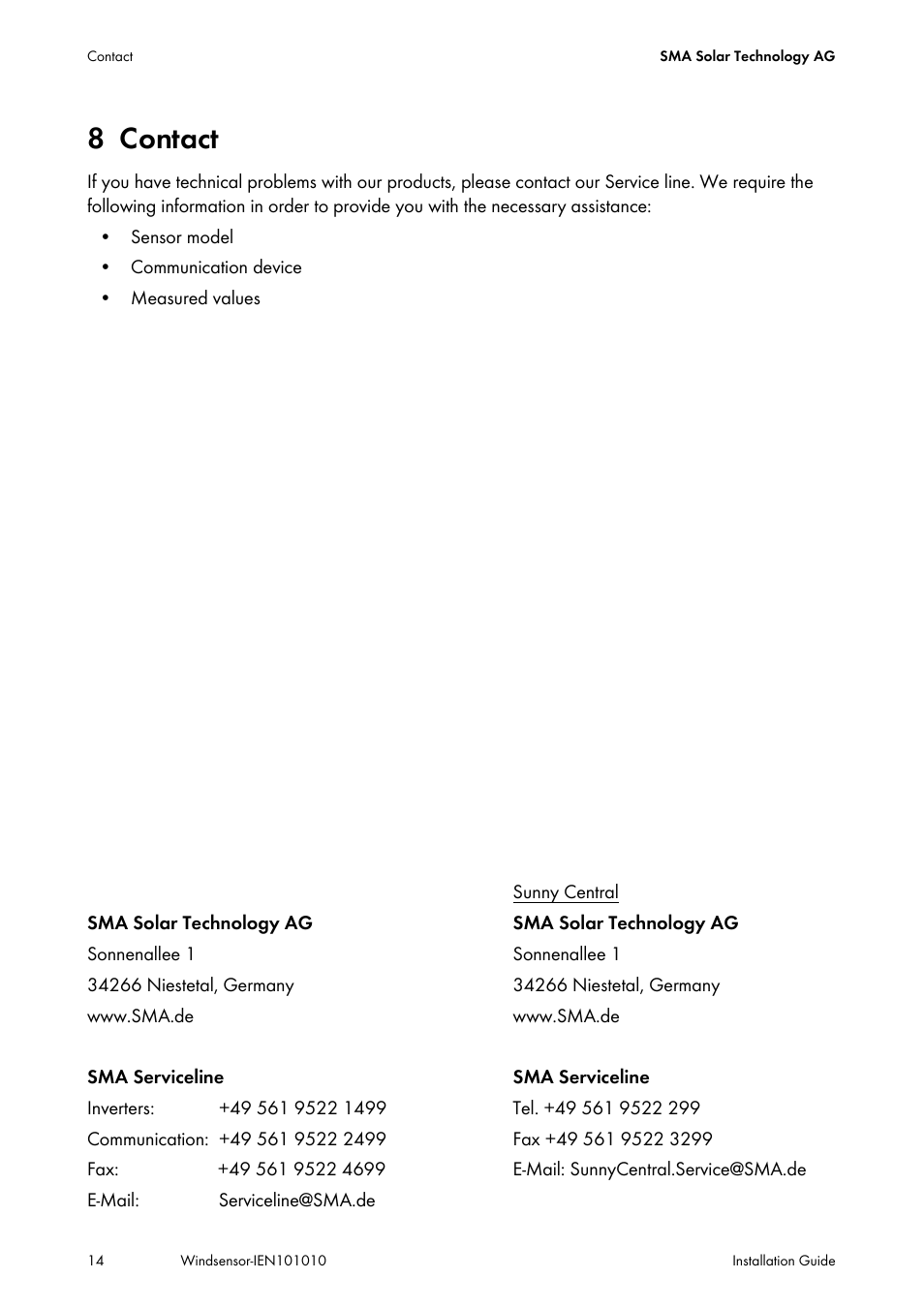 8 contact, Contact | SMA Anemometer User Manual | Page 14 / 16