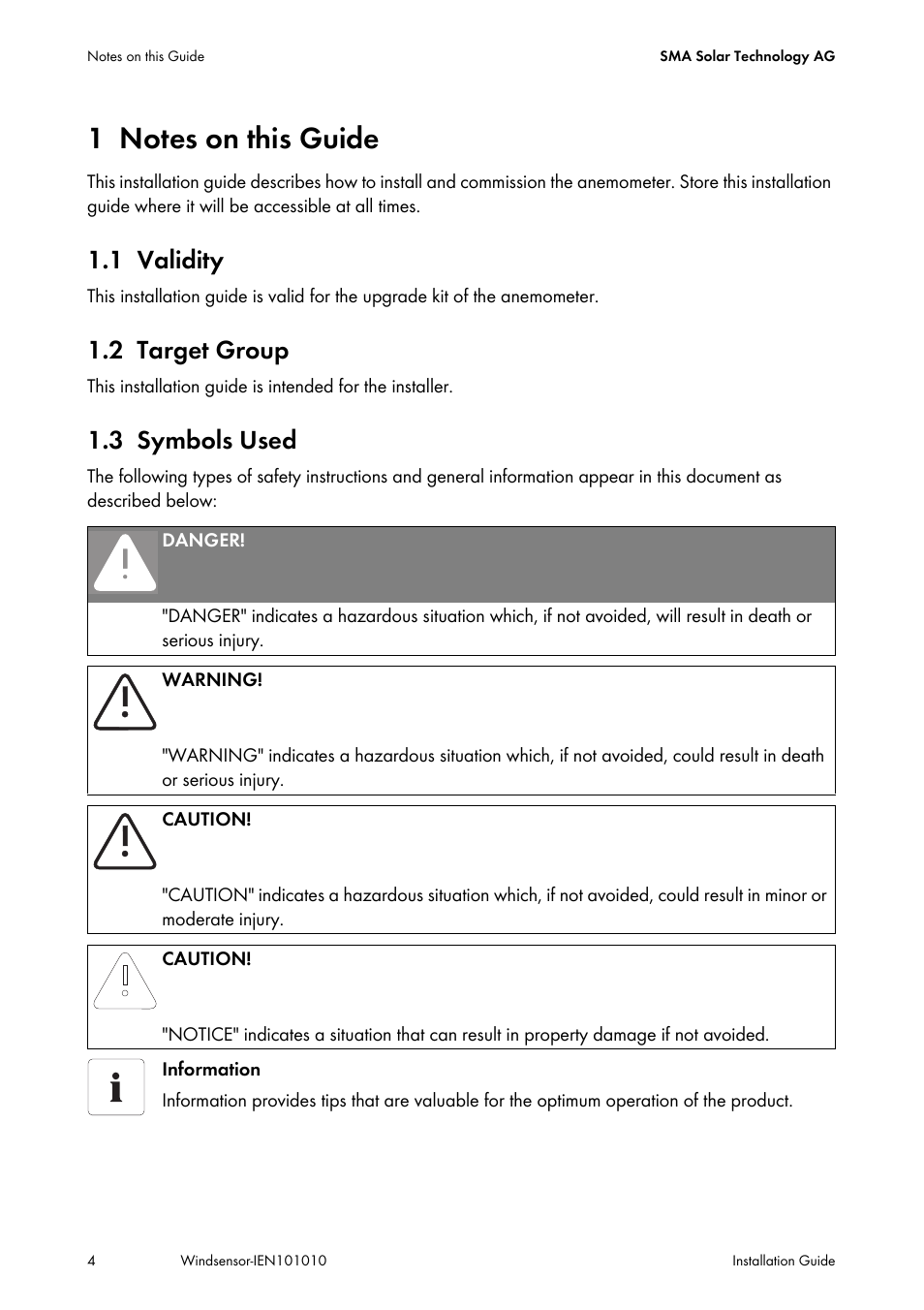 1 notes on this guide, 1 validity, 2 target group | 3 symbols used, Notes on this guide, Validity, Target group, Symbols used | SMA Anemometer User Manual | Page 4 / 16