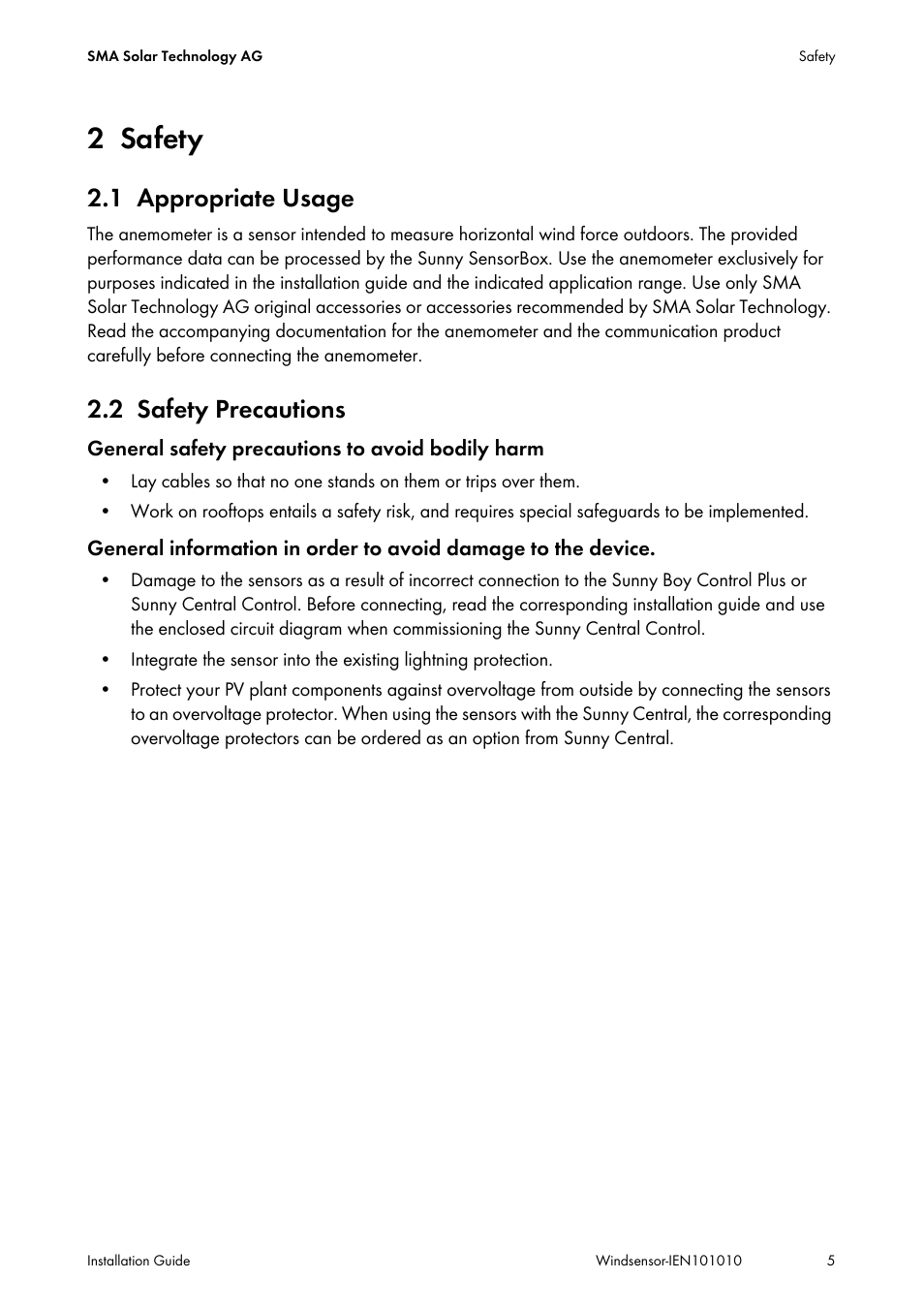 2 safety, 1 appropriate usage, 2 safety precautions | Safety, Appropriate usage, Safety precautions | SMA Anemometer User Manual | Page 5 / 16