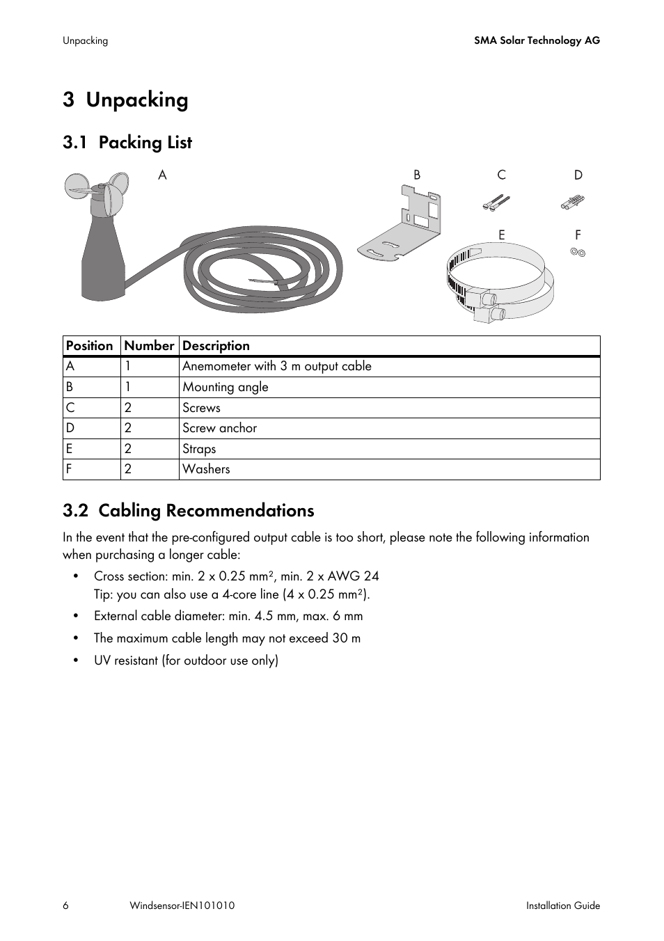 3 unpacking, 1 packing list, 2 cabling recommendations | Unpacking, Packing list, Cabling recommendations, 1 packing list 3.2 cabling recommendations | SMA Anemometer User Manual | Page 6 / 16