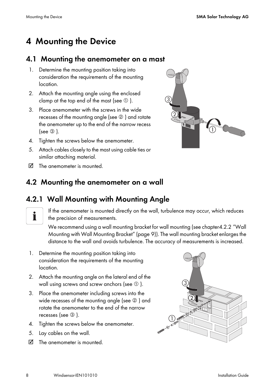 4 mounting the device, 1 mounting the anemometer on a mast, 2 mounting the anemometer on a wall | 1 wall mounting with mounting angle, Mounting the device, Mounting the anemometer on a mast, Mounting the anemometer on a wall, Wall mounting with mounting angle | SMA Anemometer User Manual | Page 8 / 16