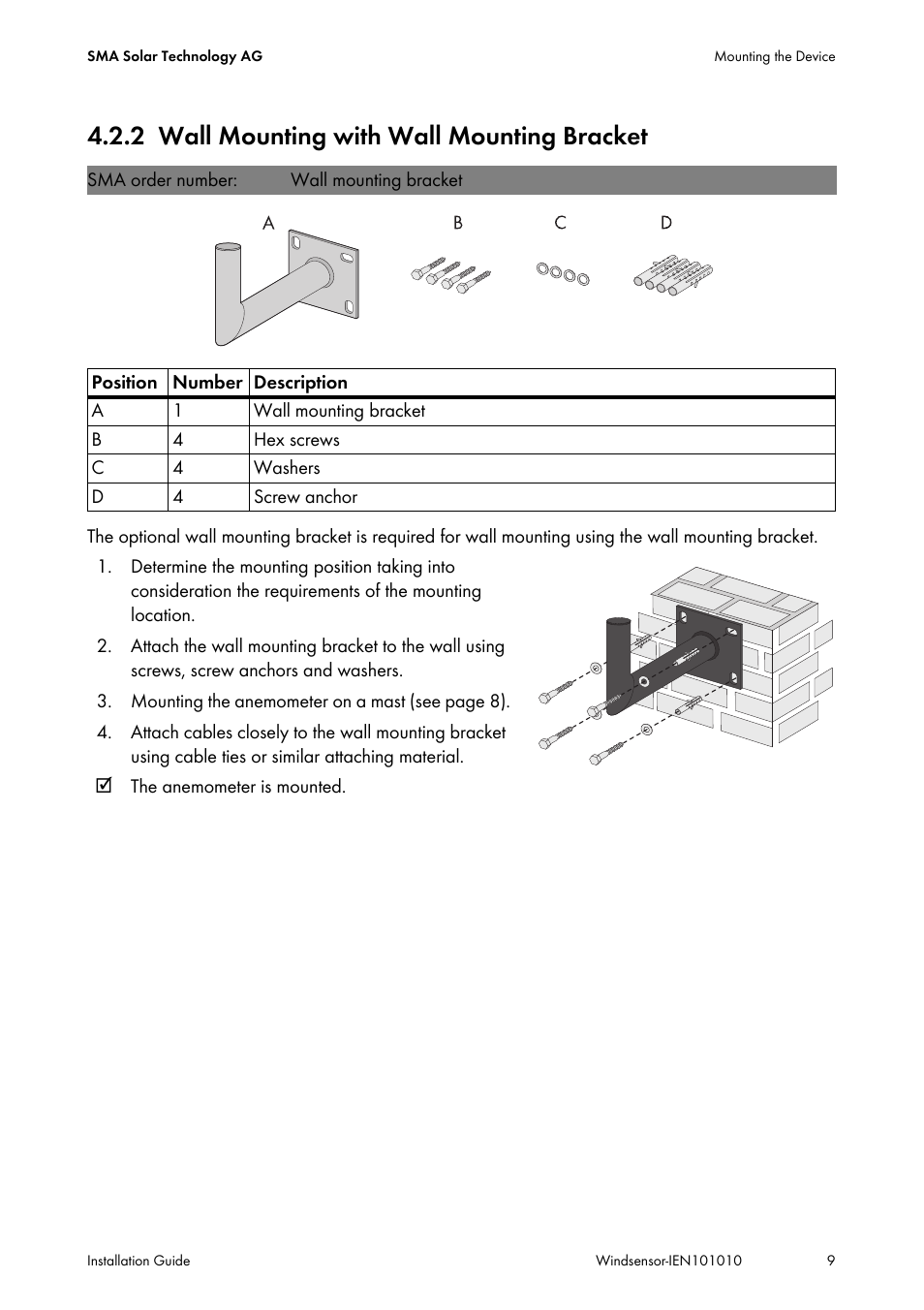 2 wall mounting with wall mounting bracket, Wall mounting with wall mounting bracket | SMA Anemometer User Manual | Page 9 / 16