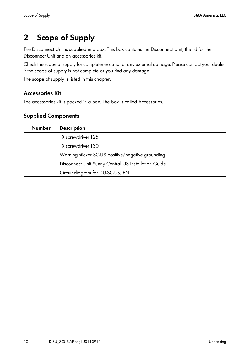 2 scope of supply, Scope of supply | SMA DU-SC-US User Manual | Page 10 / 36