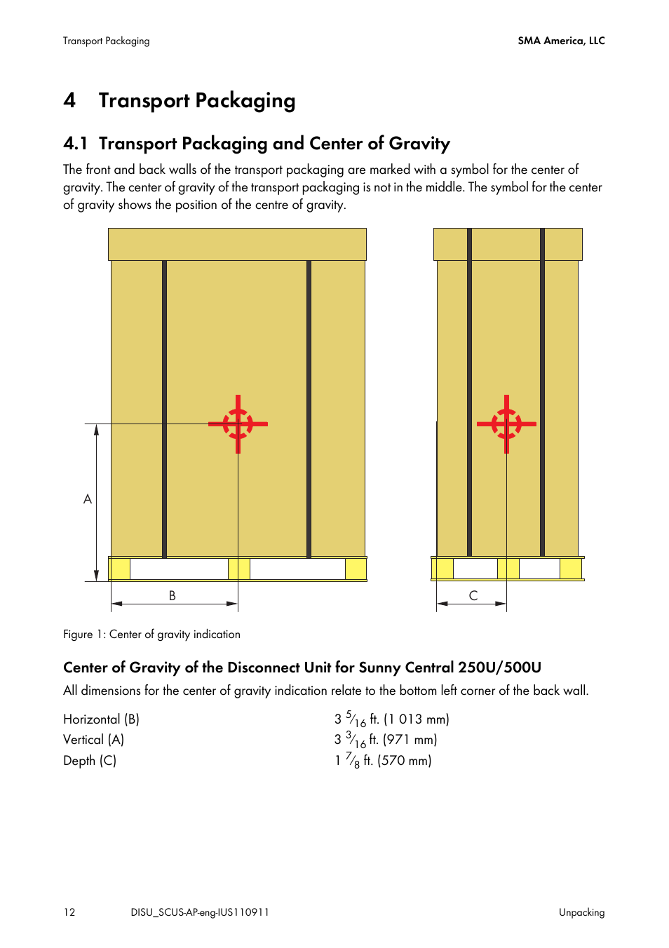 4 transport packaging, 1 transport packaging and center of gravity, Transport packaging | Transport packaging and center of gravity | SMA DU-SC-US User Manual | Page 12 / 36