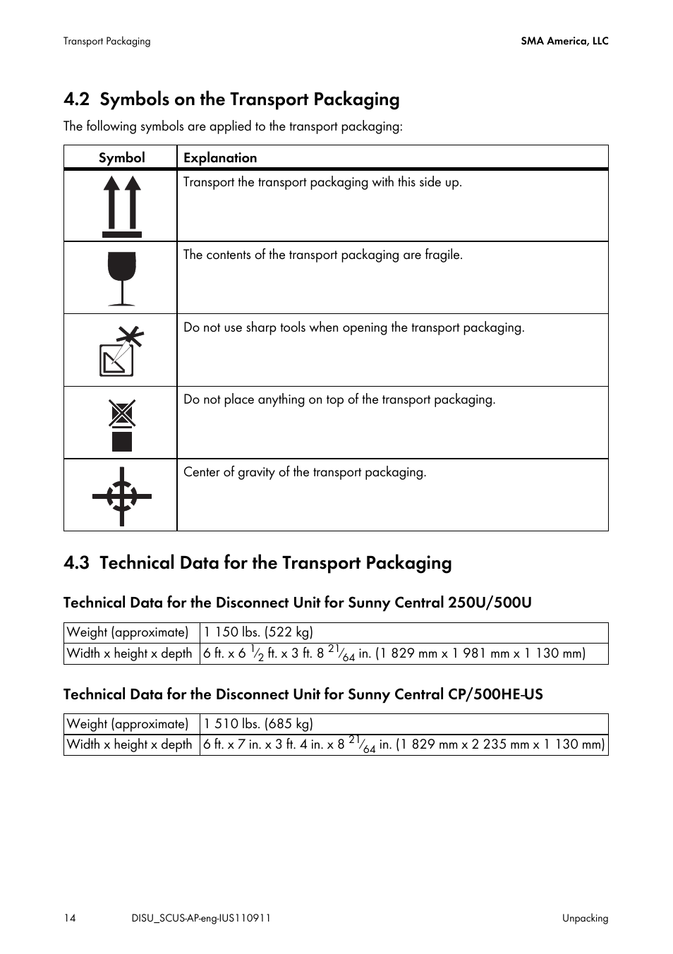 2 symbols on the transport packaging, 3 technical data for the transport packaging, Symbols on the transport packaging | Technical data for the transport packaging | SMA DU-SC-US User Manual | Page 14 / 36