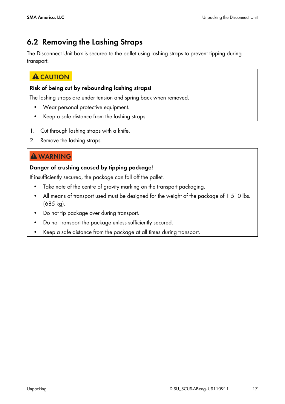 2 removing the lashing straps, Removing the lashing straps | SMA DU-SC-US User Manual | Page 17 / 36