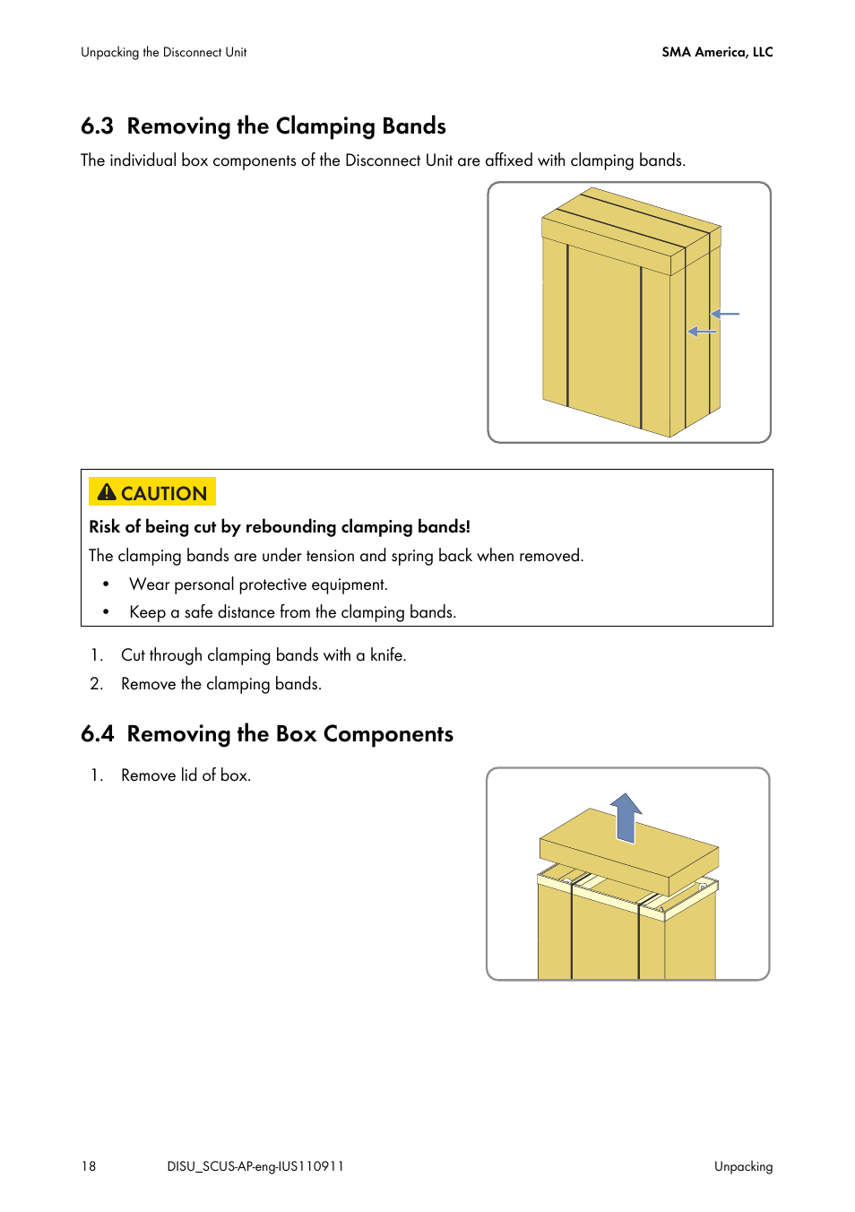 3 removing the clamping bands, 4 removing the box components, Removing the clamping bands | Removing the box components | SMA DU-SC-US User Manual | Page 18 / 36