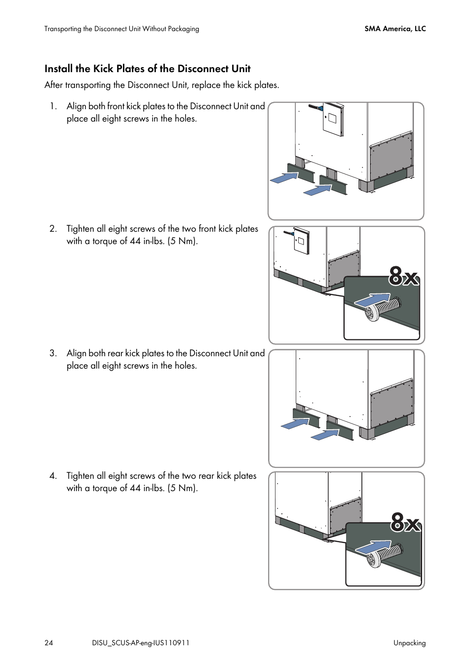 Install the kick plates of the disconnect unit | SMA DU-SC-US User Manual | Page 24 / 36