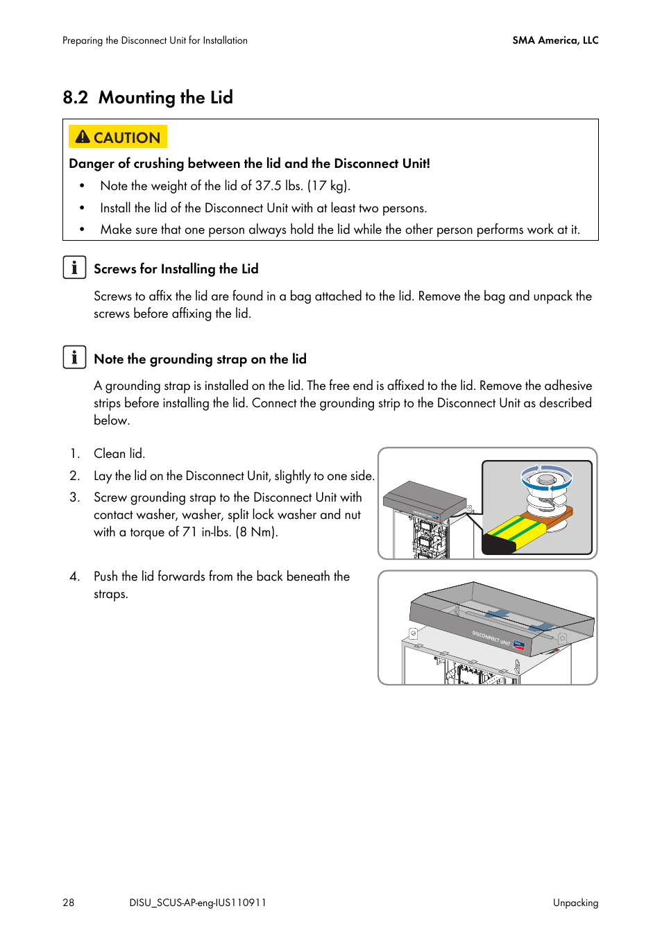 2 mounting the lid, Mounting the lid | SMA DU-SC-US User Manual | Page 28 / 36