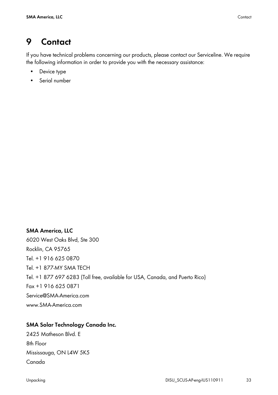 9 contact, Contact | SMA DU-SC-US User Manual | Page 33 / 36