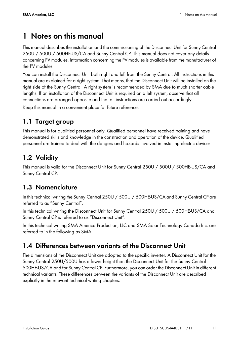 1 notes on this manual, 1 target group, 2 validity | 3 nomenclature, Notes on this manual, Target group, Validity, Nomenclature | SMA SC 250U User Manual | Page 11 / 72