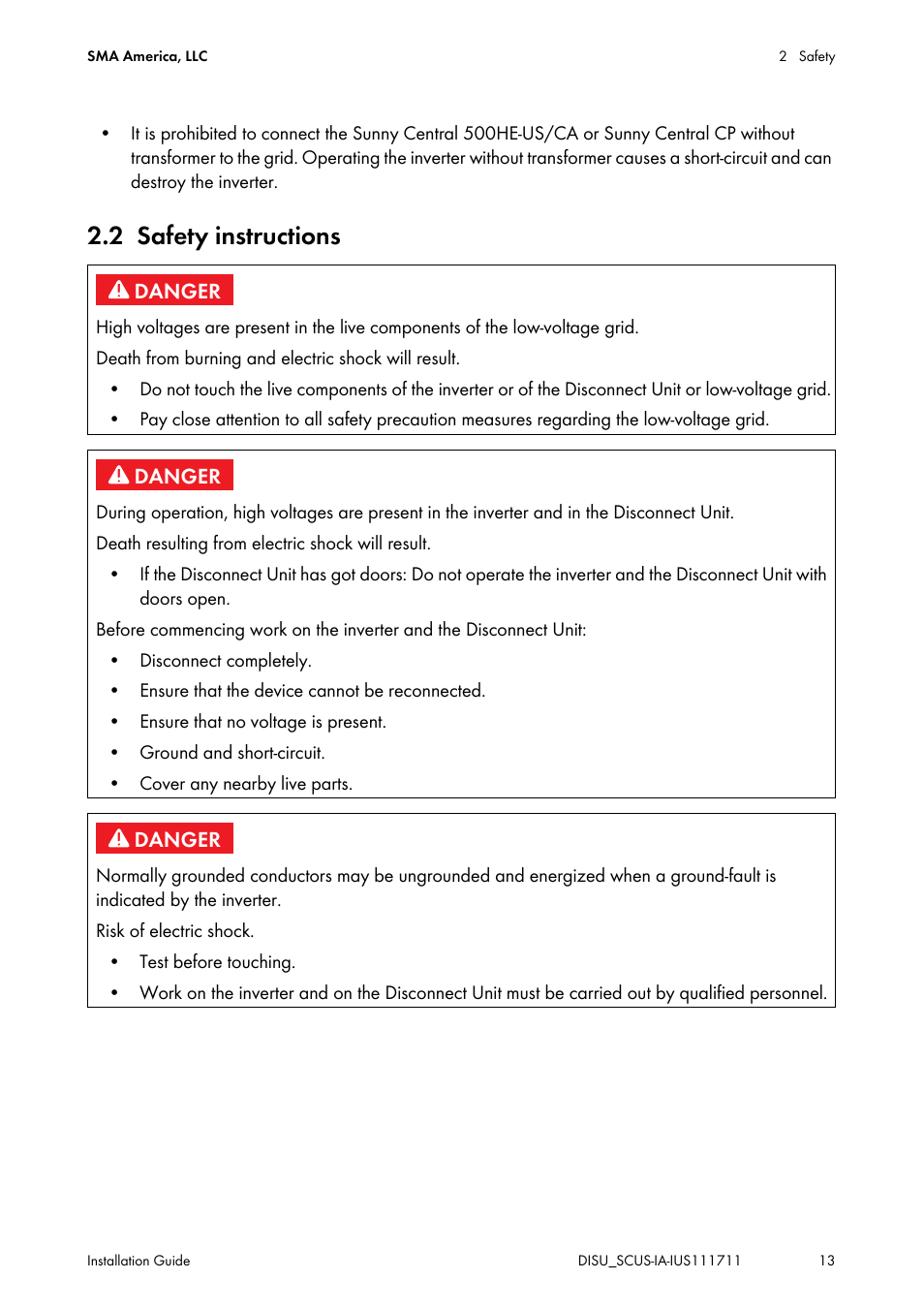 2 safety instructions, Safety instructions | SMA SC 250U User Manual | Page 13 / 72