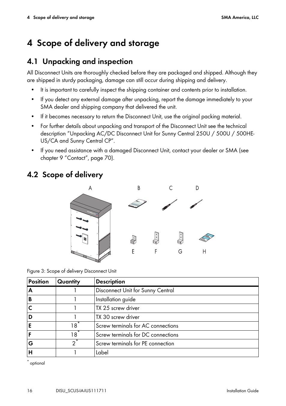 4 scope of delivery and storage, 1 unpacking and inspection, 2 scope of delivery | Scope of delivery and storage, Unpacking and inspection, Scope of delivery | SMA SC 250U User Manual | Page 16 / 72