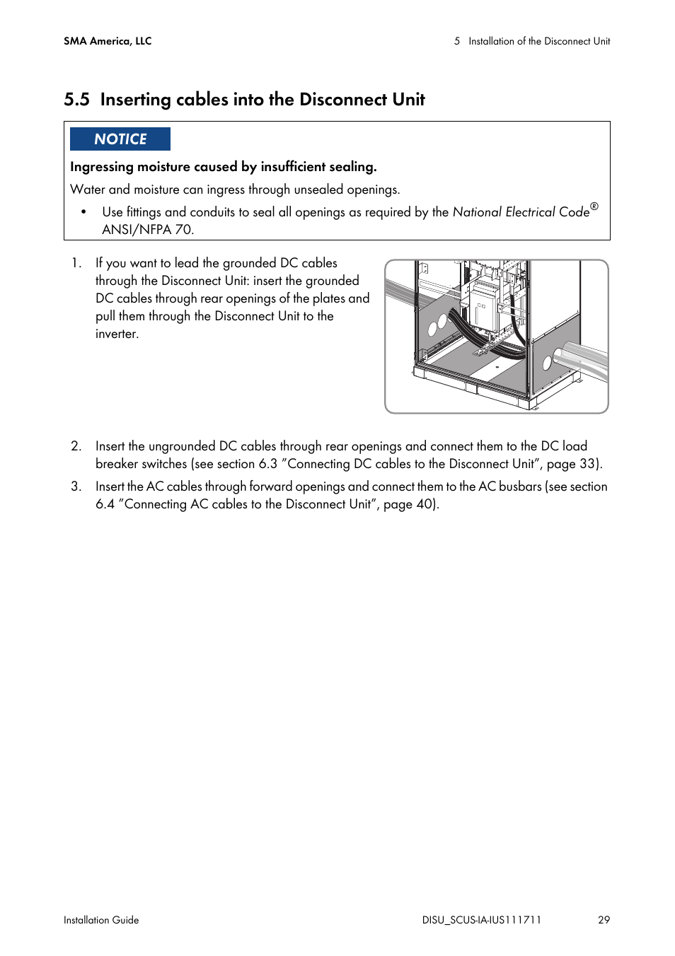 5 inserting cables into the disconnect unit, Inserting cables into the disconnect unit | SMA SC 250U User Manual | Page 29 / 72