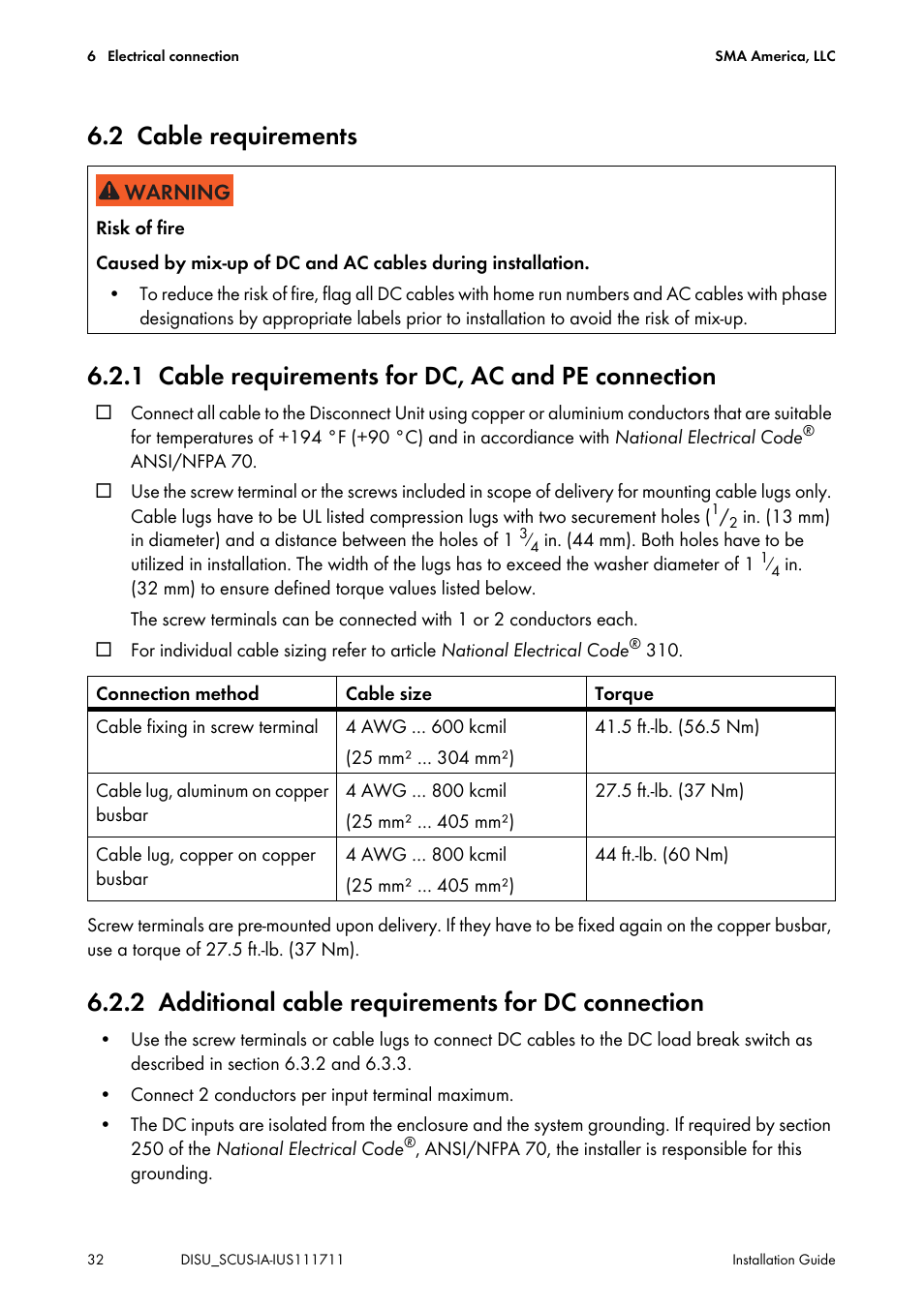 2 cable requirements, 1 cable requirements for dc, ac and pe connection, 2 additional cable requirements for dc connection | Cable requirements, Cable requirements for dc, ac and pe connection, Additional cable requirements for dc connection | SMA SC 250U User Manual | Page 32 / 72