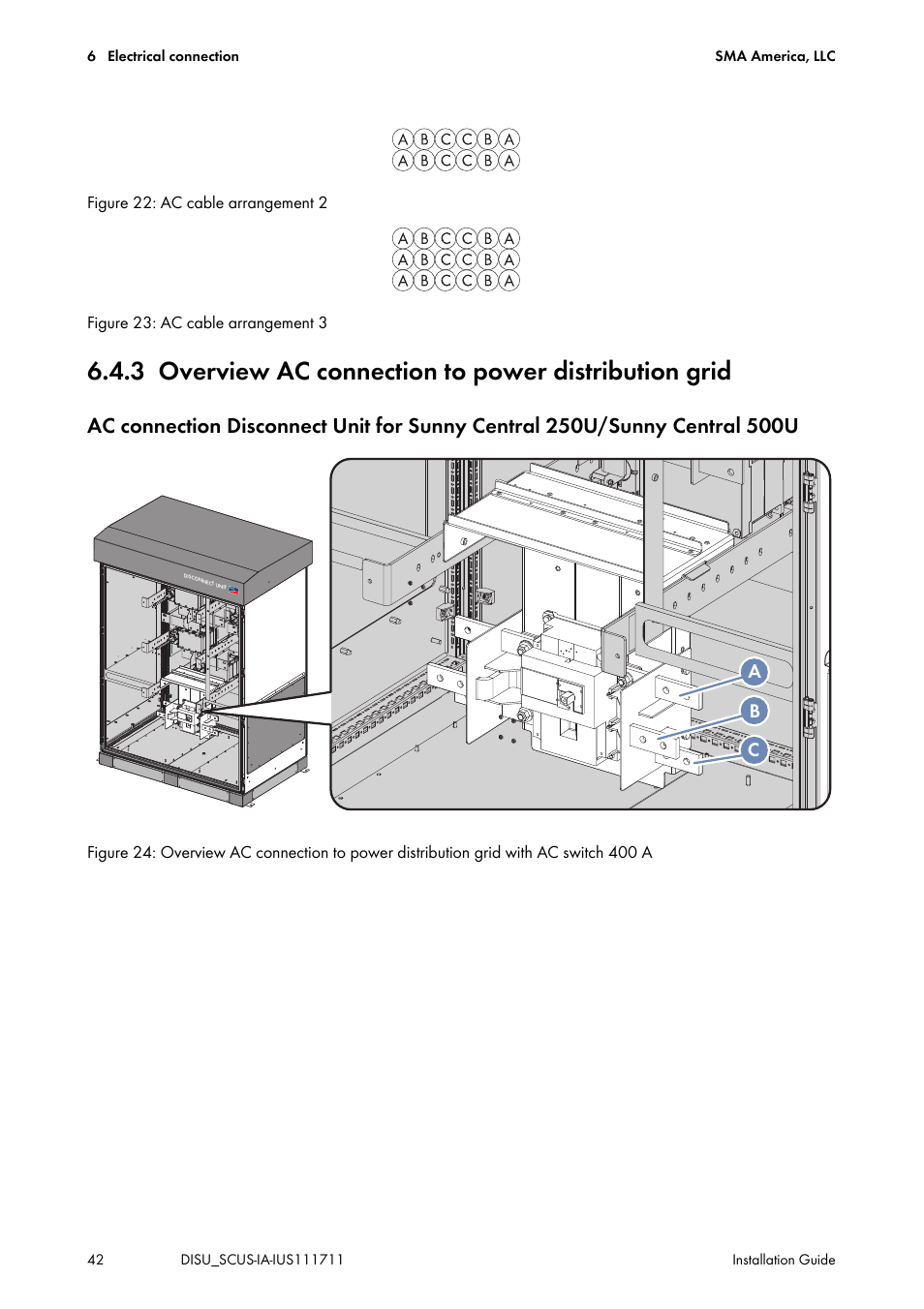 Overview ac connection to power distribution grid, Ab c | SMA SC 250U User Manual | Page 42 / 72