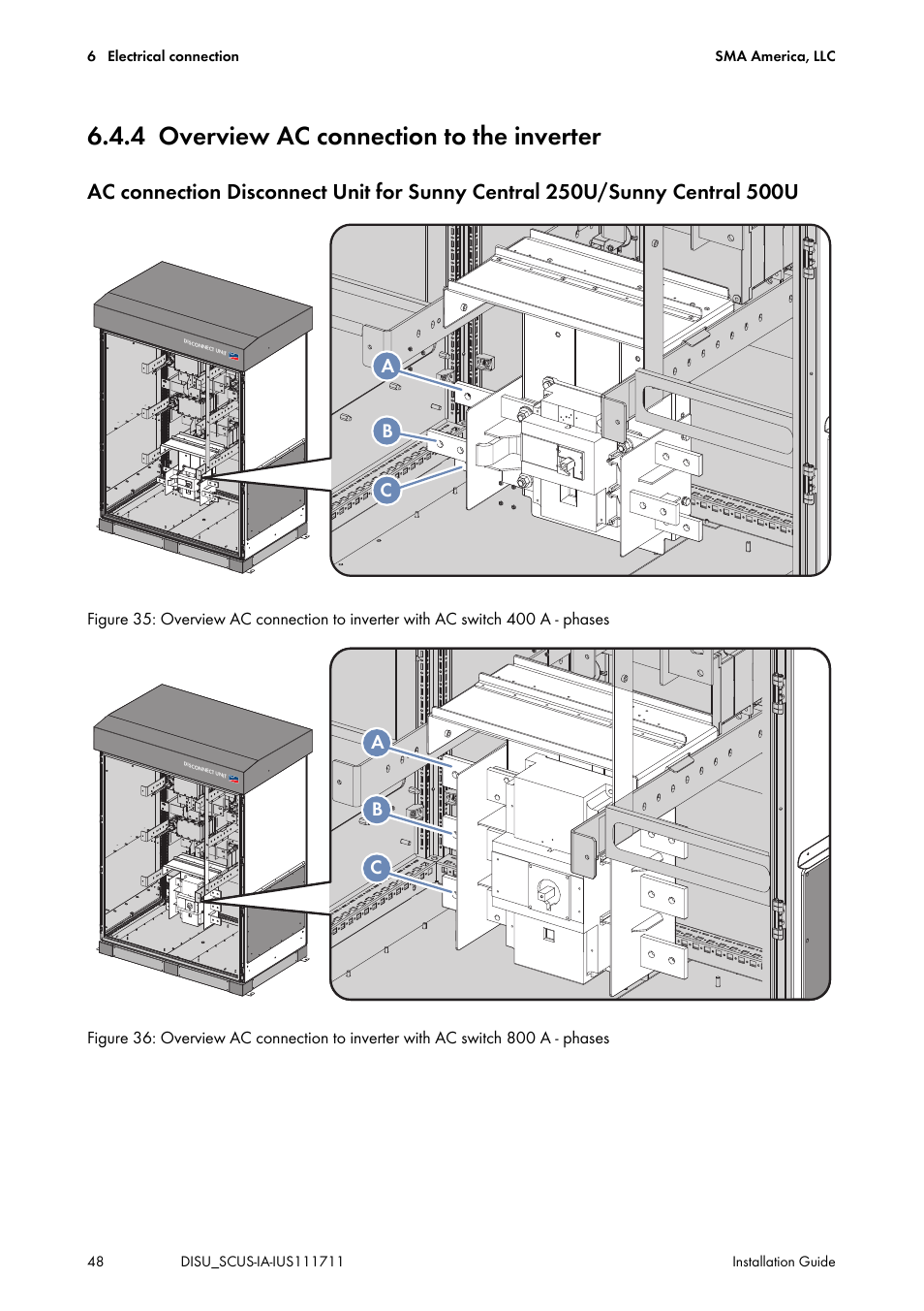 4 overview ac connection to the inverter, Overview ac connection to the inverter, Ab c | SMA SC 250U User Manual | Page 48 / 72