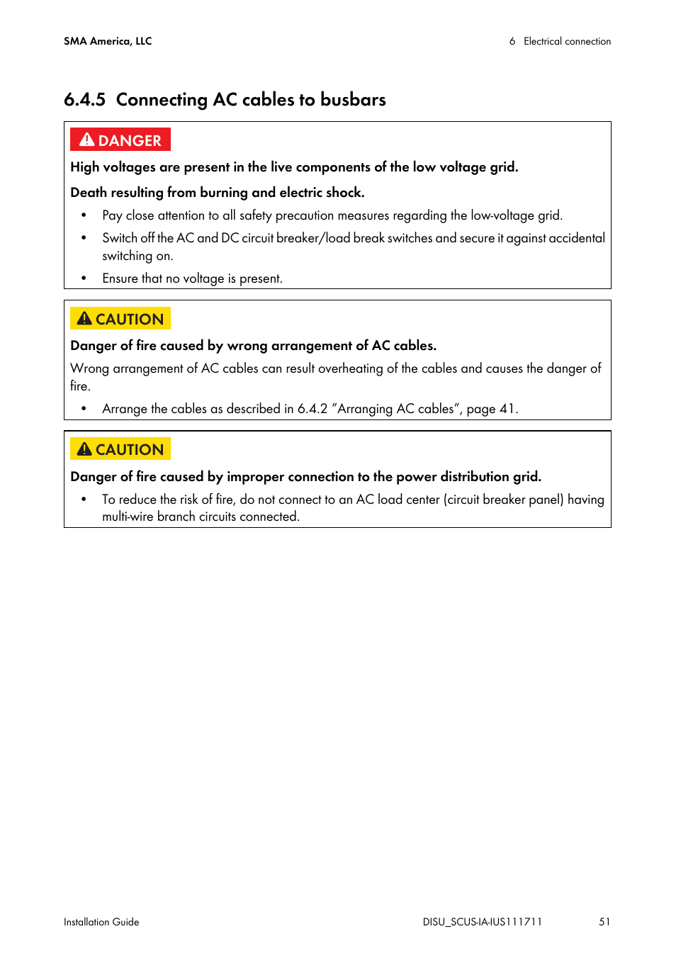 5 connecting ac cables to busbars, Connecting ac cables to busbars | SMA SC 250U User Manual | Page 51 / 72