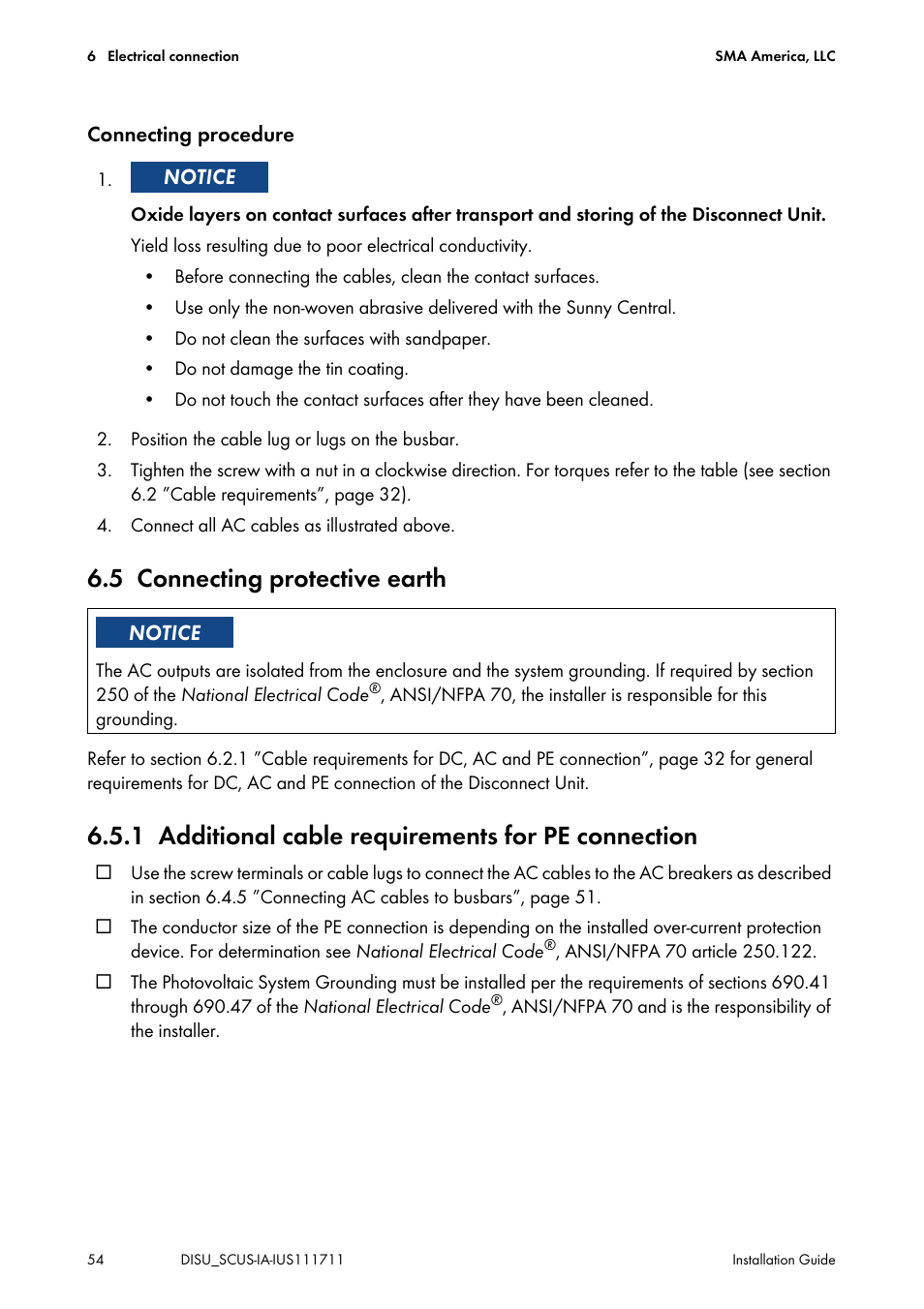 5 connecting protective earth, 1 additional cable requirements for pe connection, Connecting protective earth | Additional cable requirements for pe connection | SMA SC 250U User Manual | Page 54 / 72