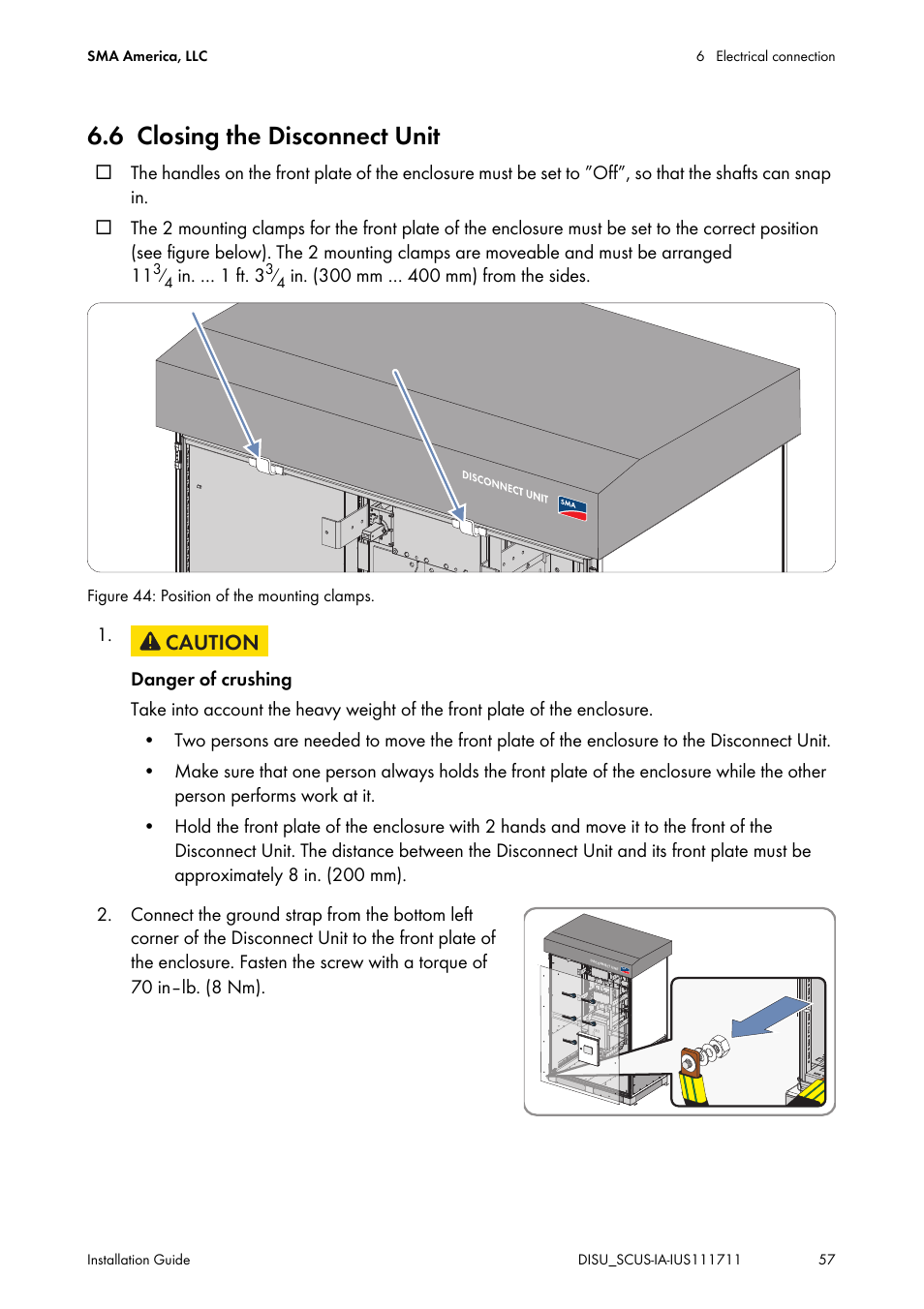 6 closing the disconnect unit, Closing the disconnect unit | SMA SC 250U User Manual | Page 57 / 72