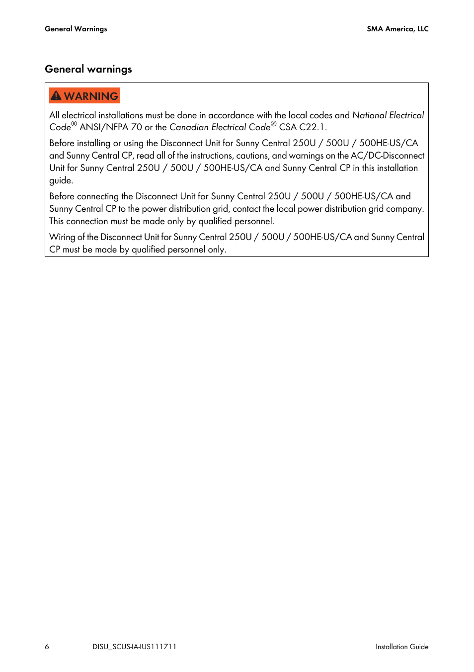 General warnings 8"3 | SMA SC 250U User Manual | Page 6 / 72