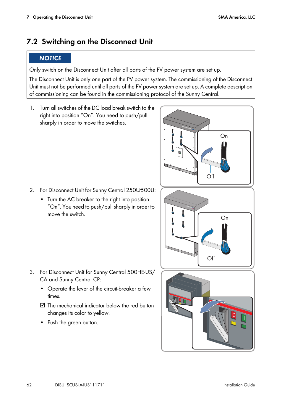 2 switching on the disconnect unit, Switching on the disconnect unit | SMA SC 250U User Manual | Page 62 / 72