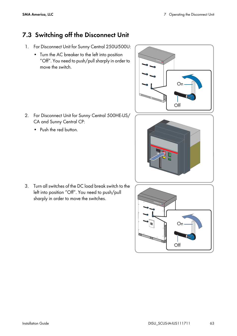 3 switching off the disconnect unit, Switching off the disconnect unit | SMA SC 250U User Manual | Page 63 / 72