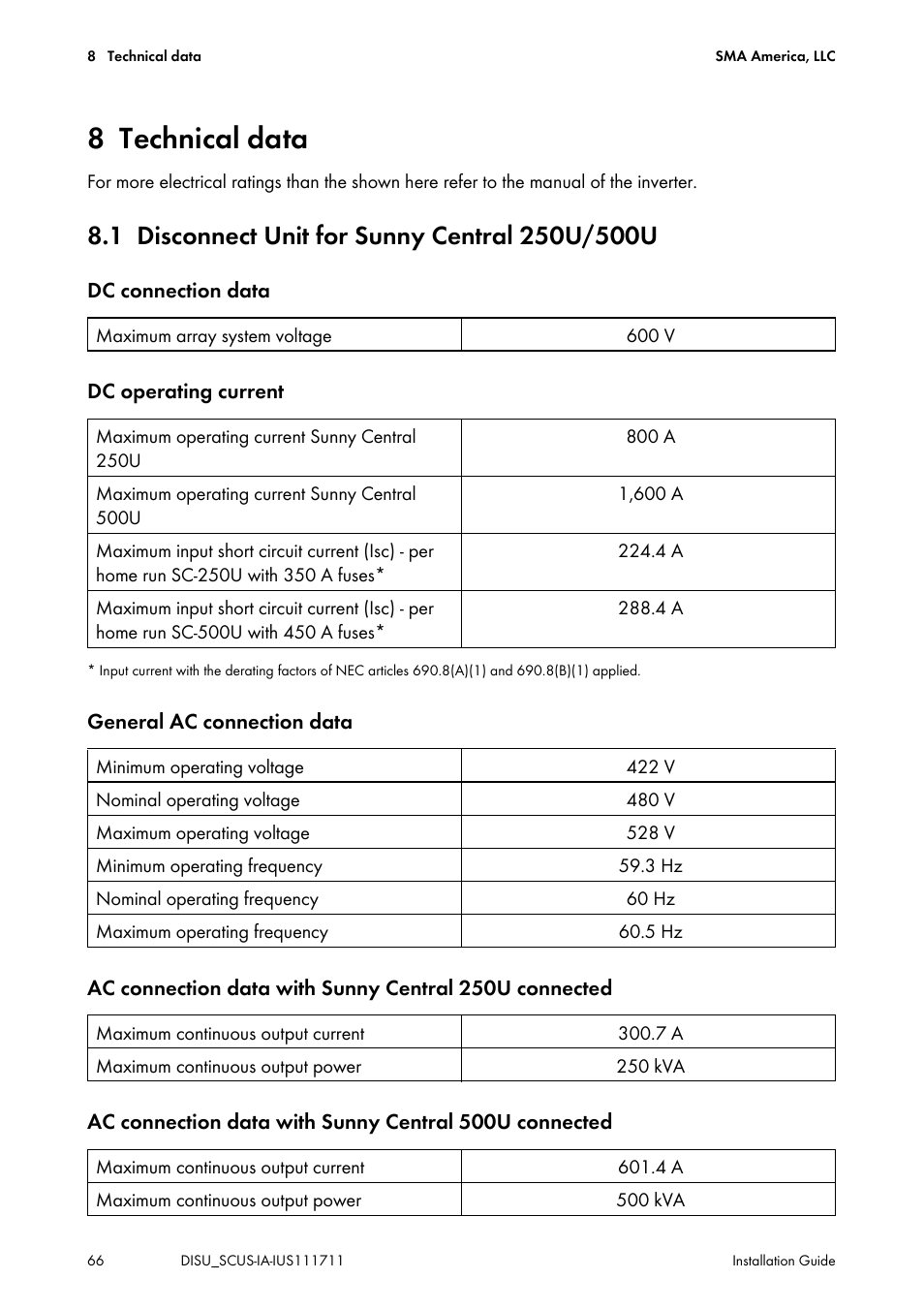 8 technical data, 1 disconnect unit for sunny central 250u/500u, Technical data | Disconnect unit for sunny central 250u/500u | SMA SC 250U User Manual | Page 66 / 72