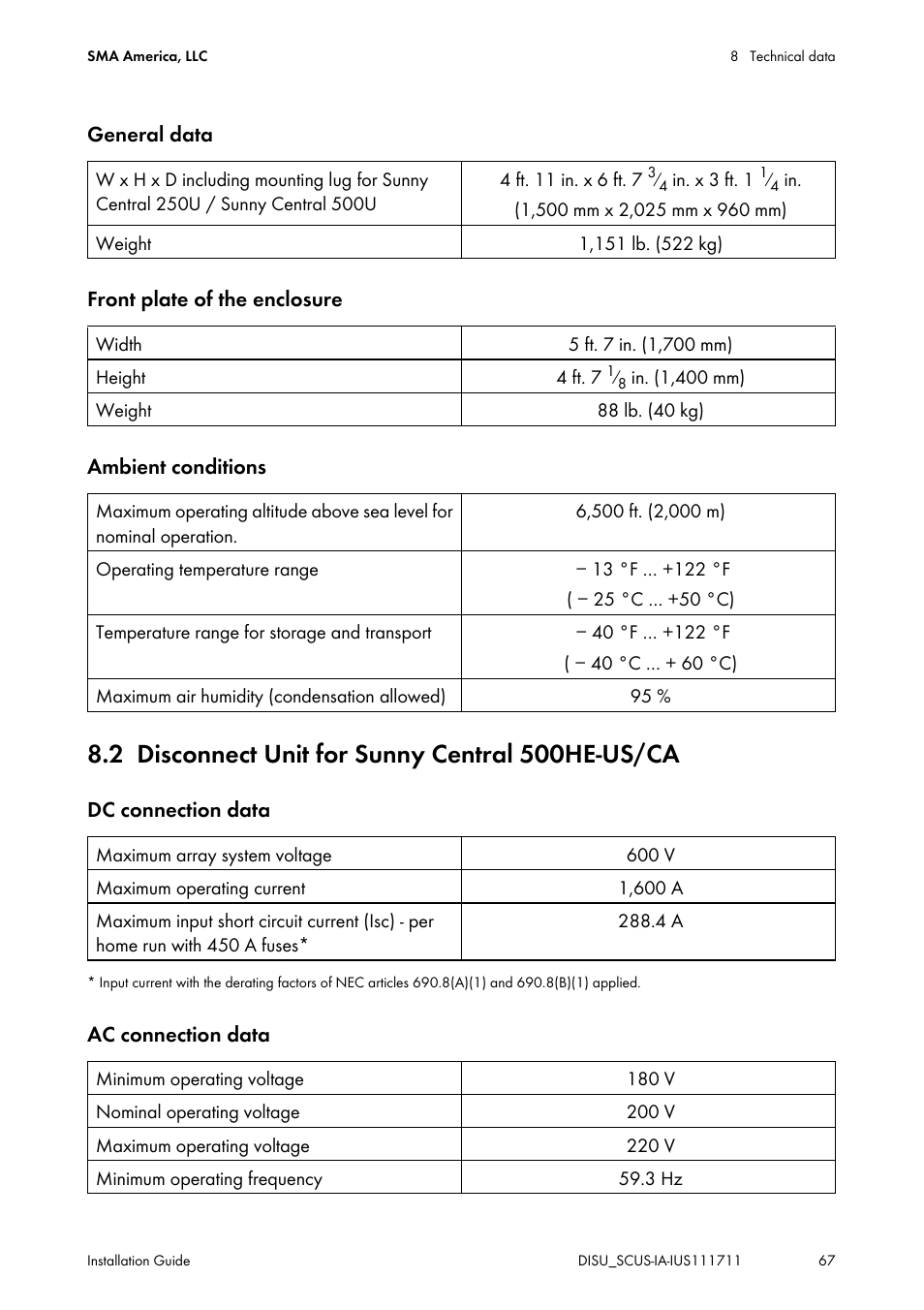 2 disconnect unit for sunny central 500he-us/ca, Disconnect unit for sunny central 500he-us/ca | SMA SC 250U User Manual | Page 67 / 72
