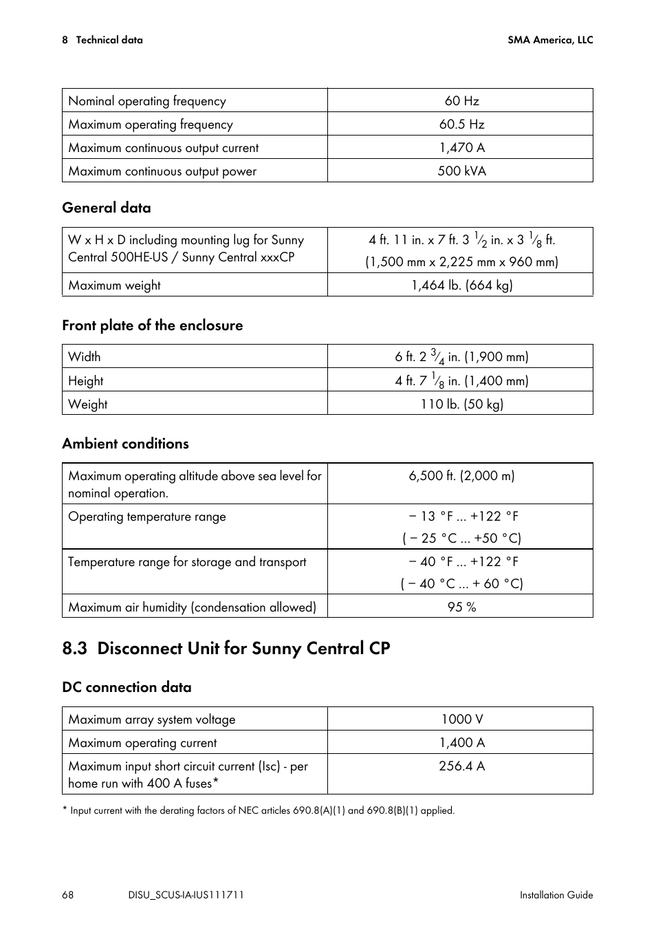 3 disconnect unit for sunny central cp, Disconnect unit for sunny central cp | SMA SC 250U User Manual | Page 68 / 72