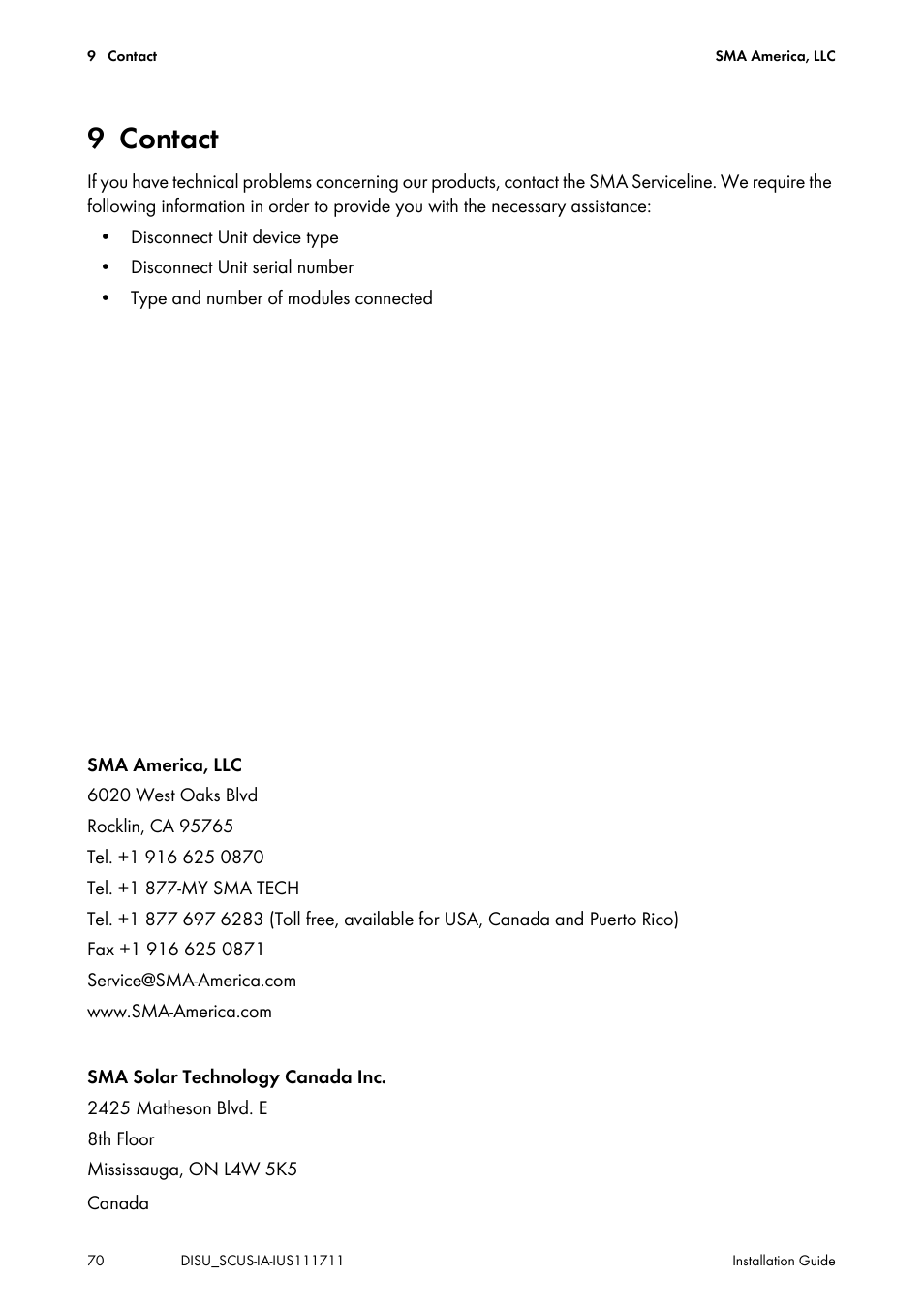 9 contact | SMA SC 250U User Manual | Page 70 / 72