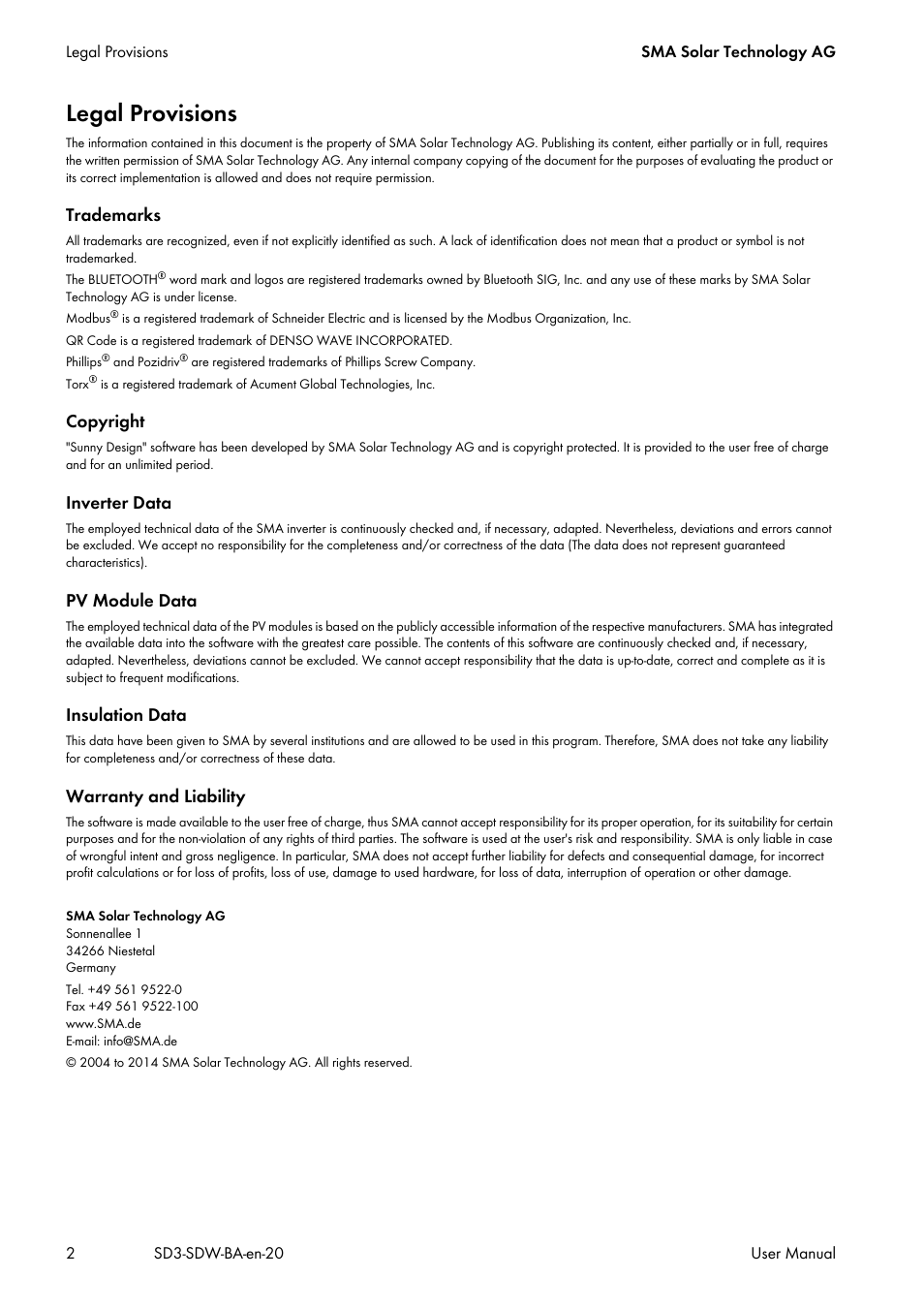 Legal provisions, Trademarks, Copyright | Inverter data, Pv module data, Insulation data, Warranty and liability | SMA SUNNY DESIGN 3 User Manual | Page 2 / 37