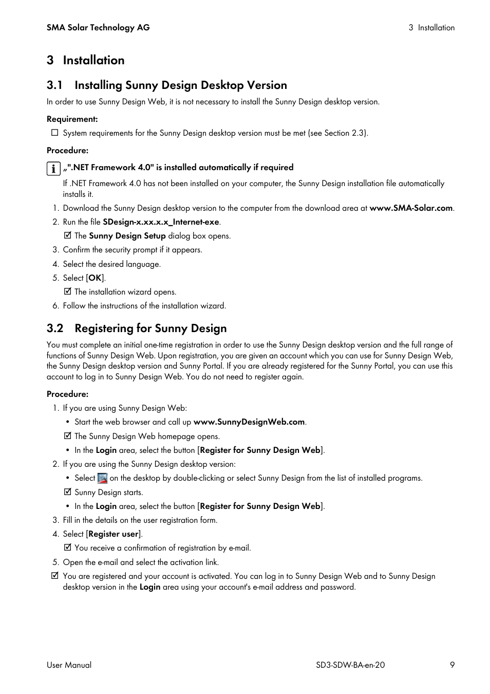 3 installation, 1 installing sunny design desktop version, 2 registering for sunny design | SMA SUNNY DESIGN 3 User Manual | Page 9 / 37