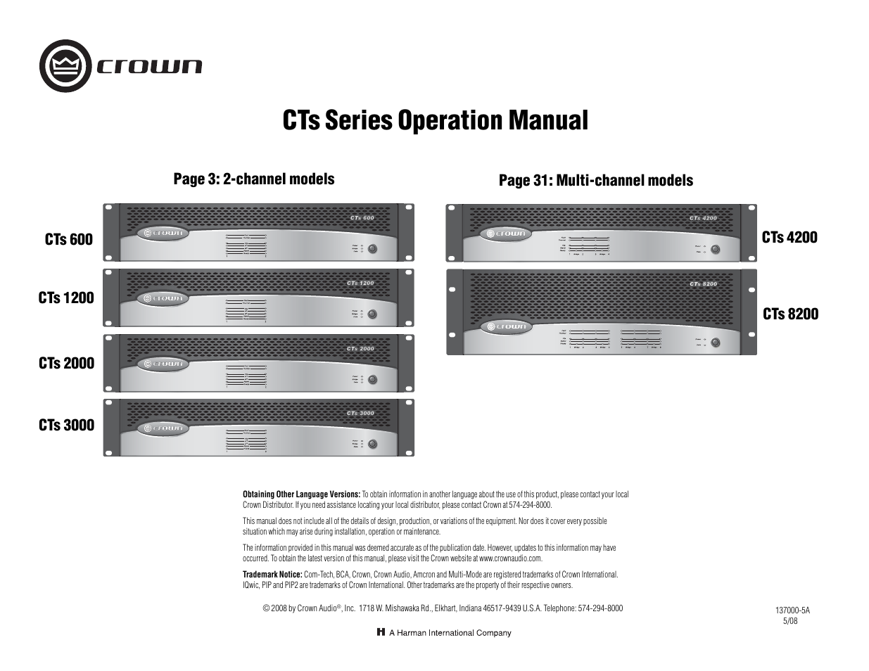 Crown Audio CTs 1200 User Manual | 60 pages