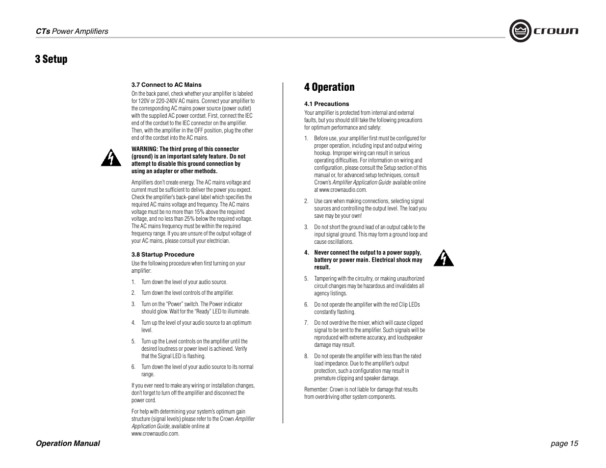 4 operation, 3 setup | Crown Audio CTs 1200 User Manual | Page 15 / 60