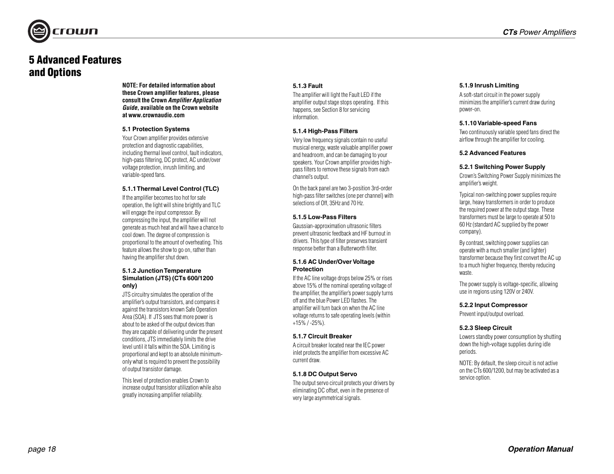 5 advanced features and options | Crown Audio CTs 1200 User Manual | Page 18 / 60