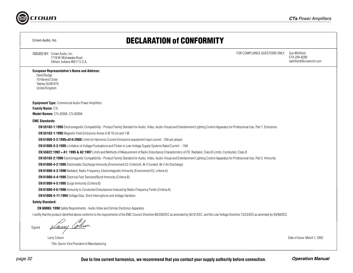 Declaration of conformity | Crown Audio CTs 1200 User Manual | Page 32 / 60