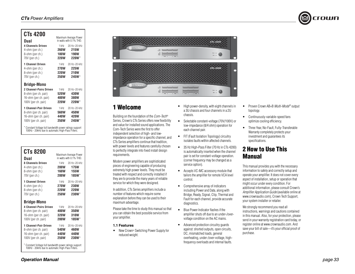1 welcome, 2 how to use this manual, Cts 4200 | Cts 8200 | Crown Audio CTs 1200 User Manual | Page 33 / 60