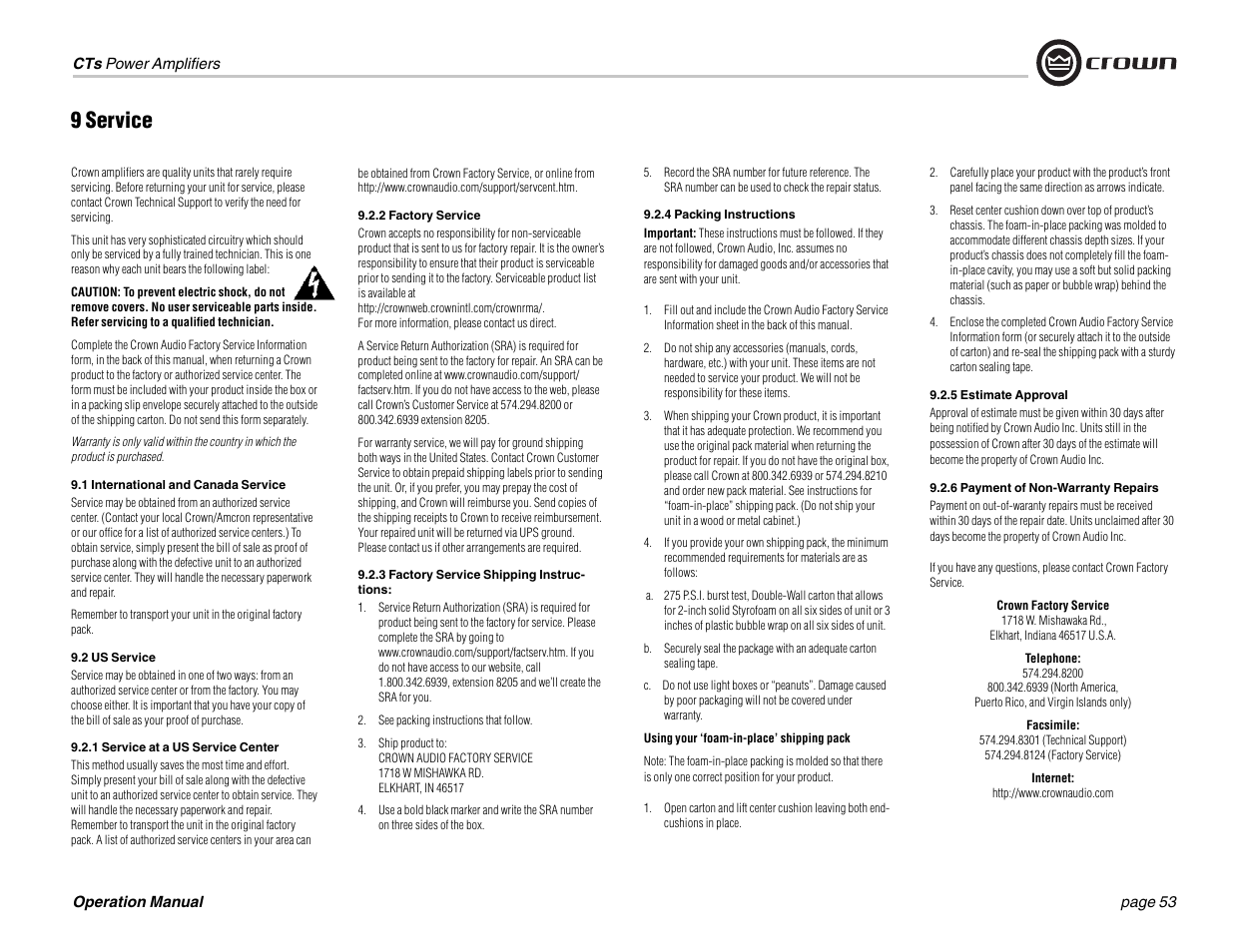 9 service | Crown Audio CTs 1200 User Manual | Page 53 / 60