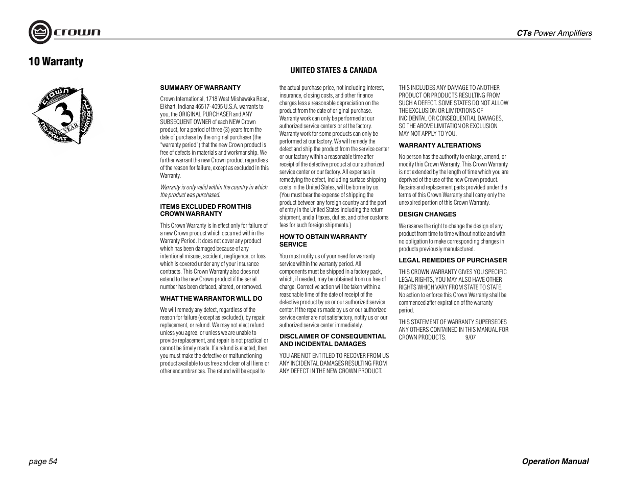 10 warranty | Crown Audio CTs 1200 User Manual | Page 54 / 60