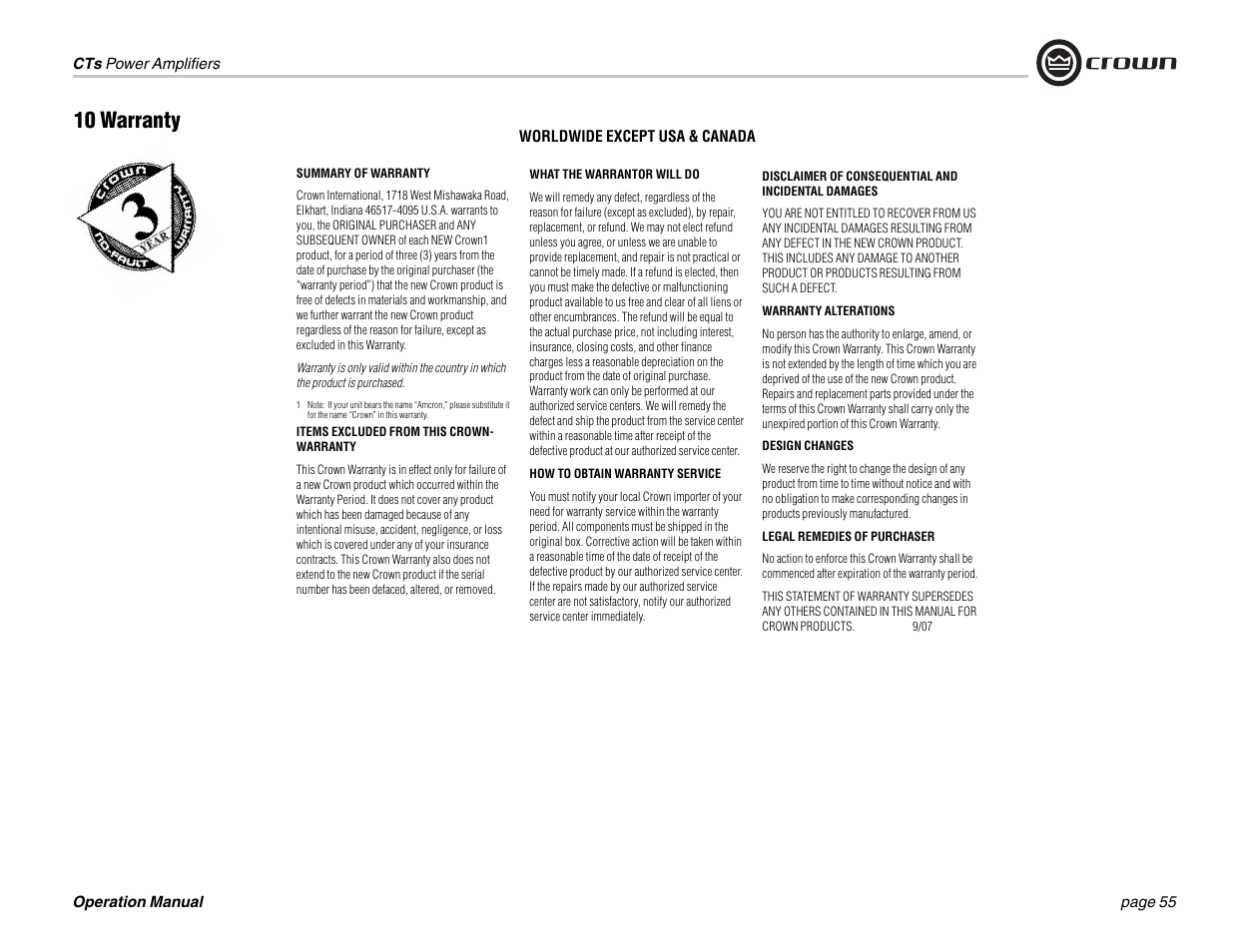 10 warranty | Crown Audio CTs 1200 User Manual | Page 55 / 60