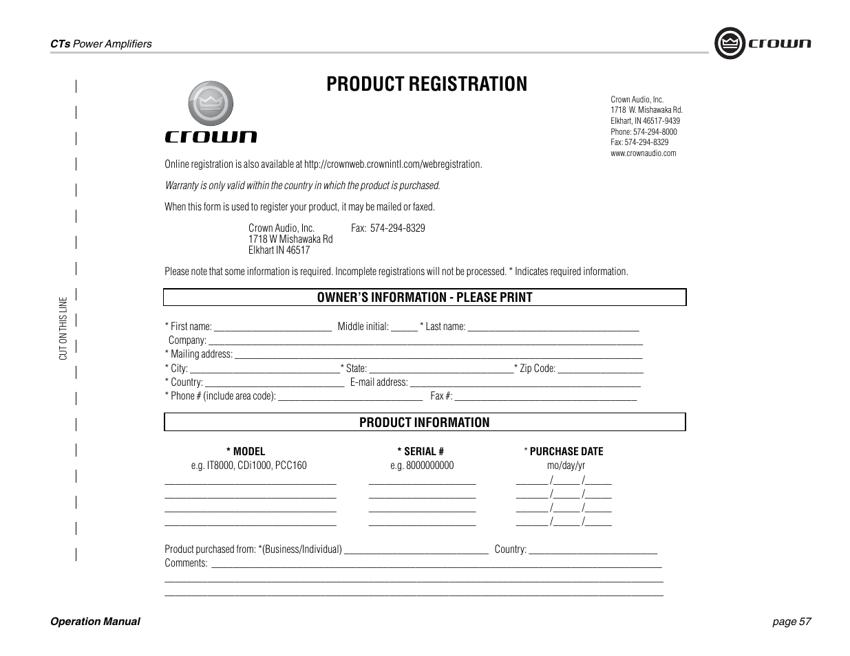 Product registration | Crown Audio CTs 1200 User Manual | Page 57 / 60