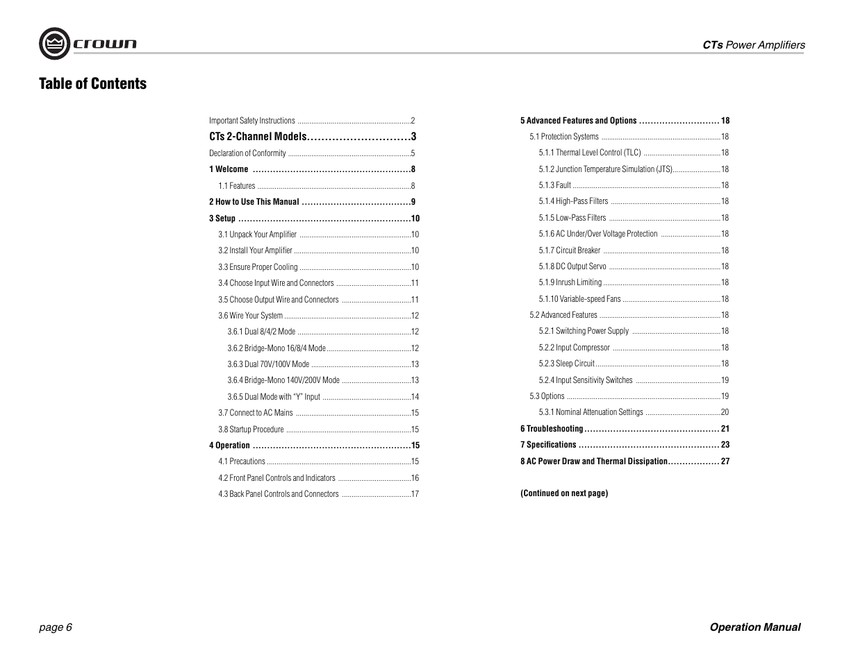 Crown Audio CTs 1200 User Manual | Page 6 / 60