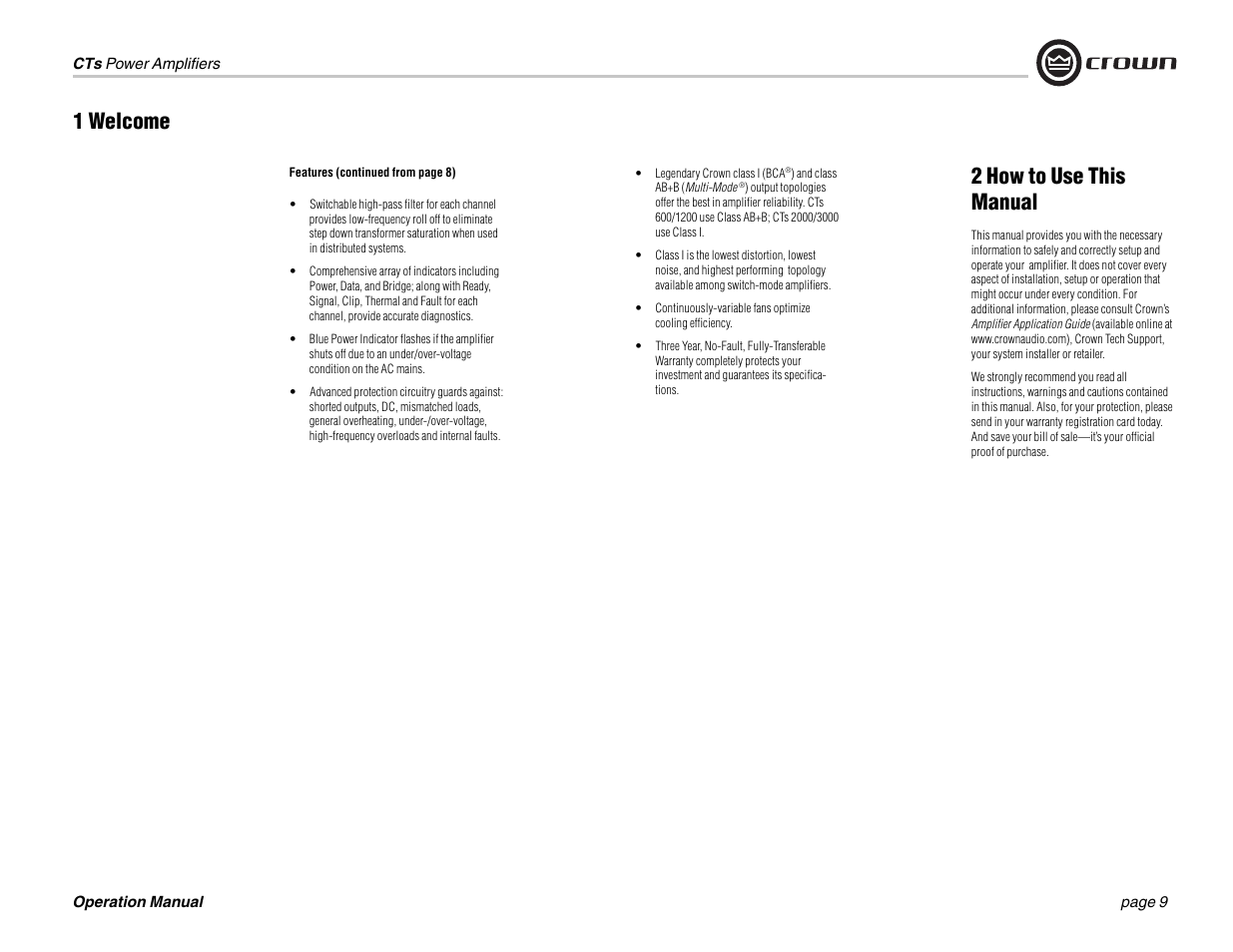 2 how to use this manual, 1 welcome | Crown Audio CTs 1200 User Manual | Page 9 / 60