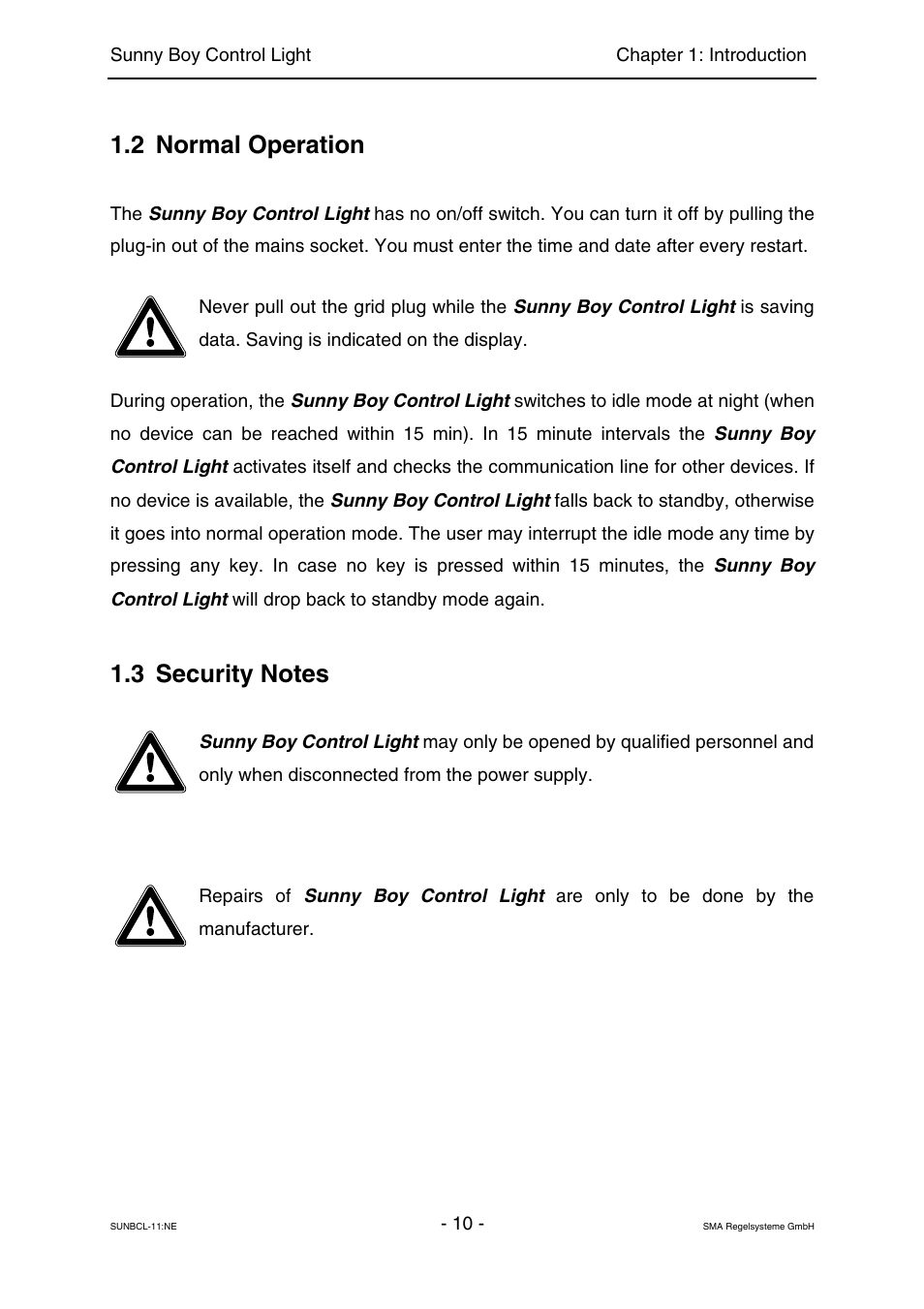 Normal operation, Security notes, 2 normal operation | SMA Sunny Boy Control Light User Manual | Page 10 / 96