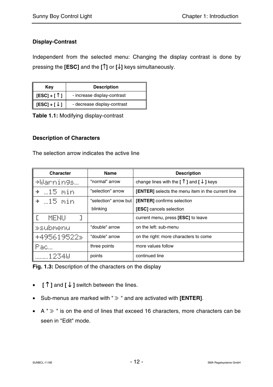 Warnings, 15 min, Menu | Submenu, 1234w | SMA Sunny Boy Control Light User Manual | Page 12 / 96