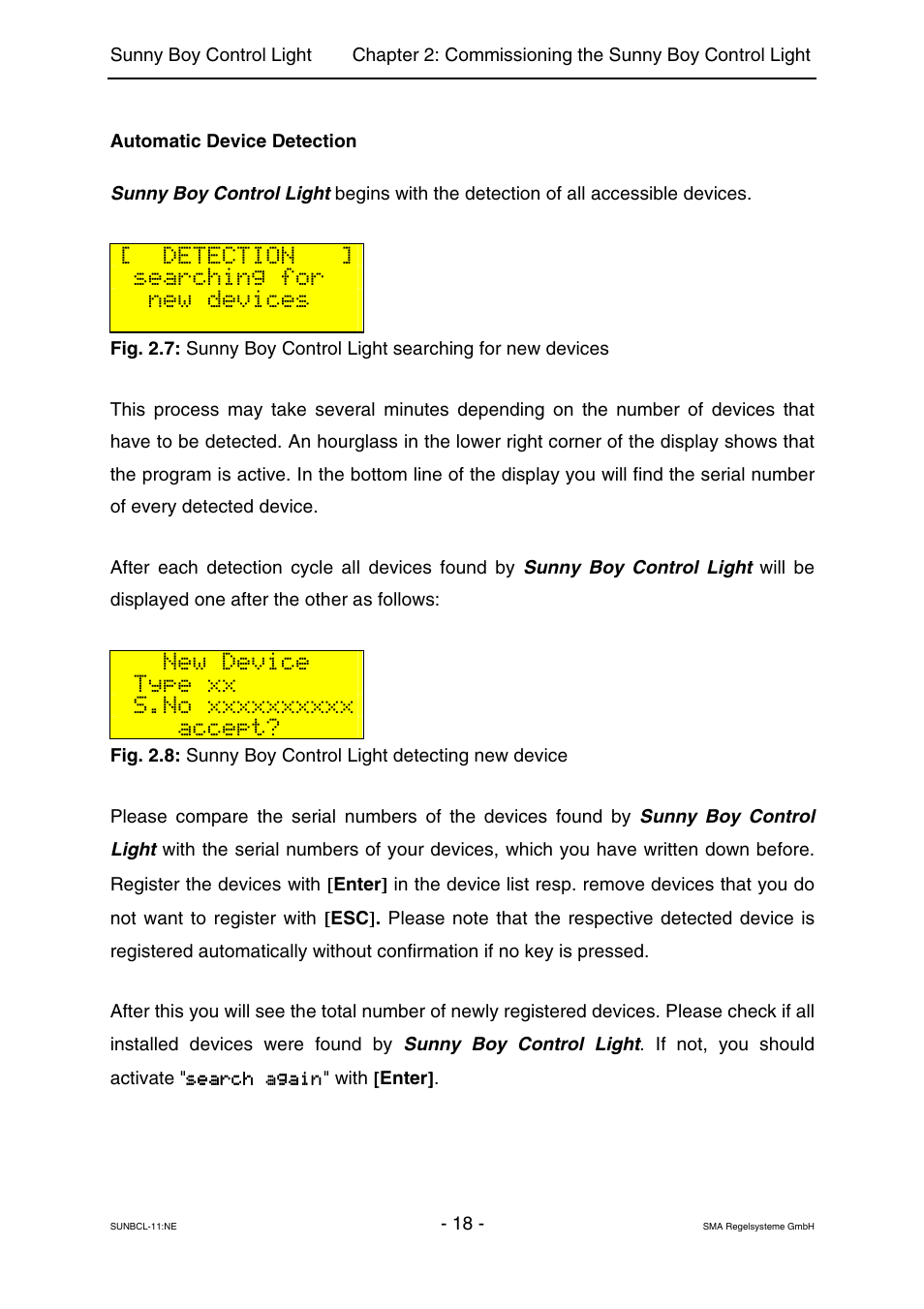 Detection, Searching for, New devices | New device, Type xx, Accept | SMA Sunny Boy Control Light User Manual | Page 18 / 96