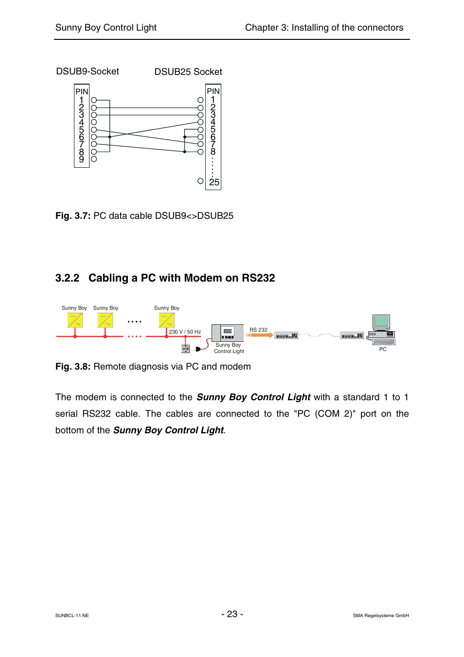 Cabling a pc with modem on rs232, 2 cabling a pc with modem on rs232 | SMA Sunny Boy Control Light User Manual | Page 23 / 96