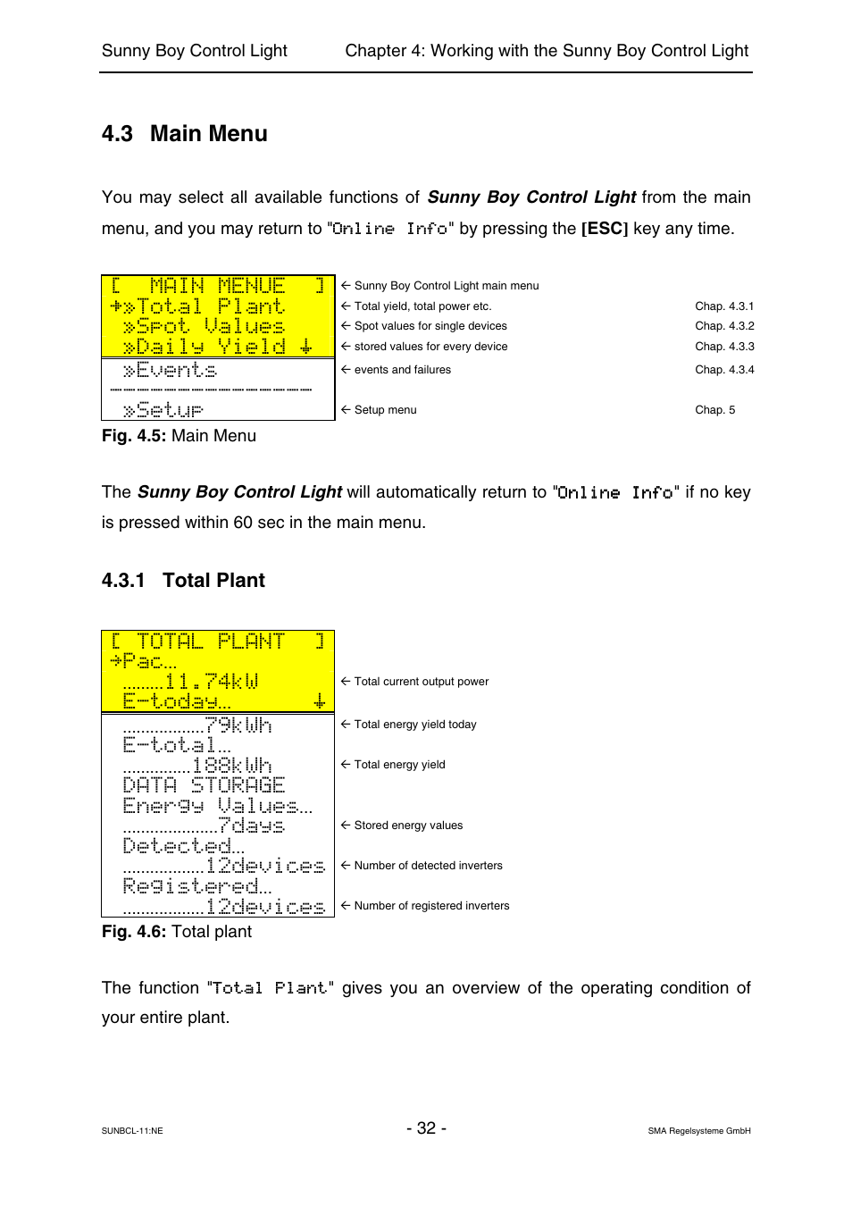 Main menu, Total plant, 3 main menu | Main menue, Spot values, Daily yield, Events, Setup, 74kw, E-today | SMA Sunny Boy Control Light User Manual | Page 32 / 96